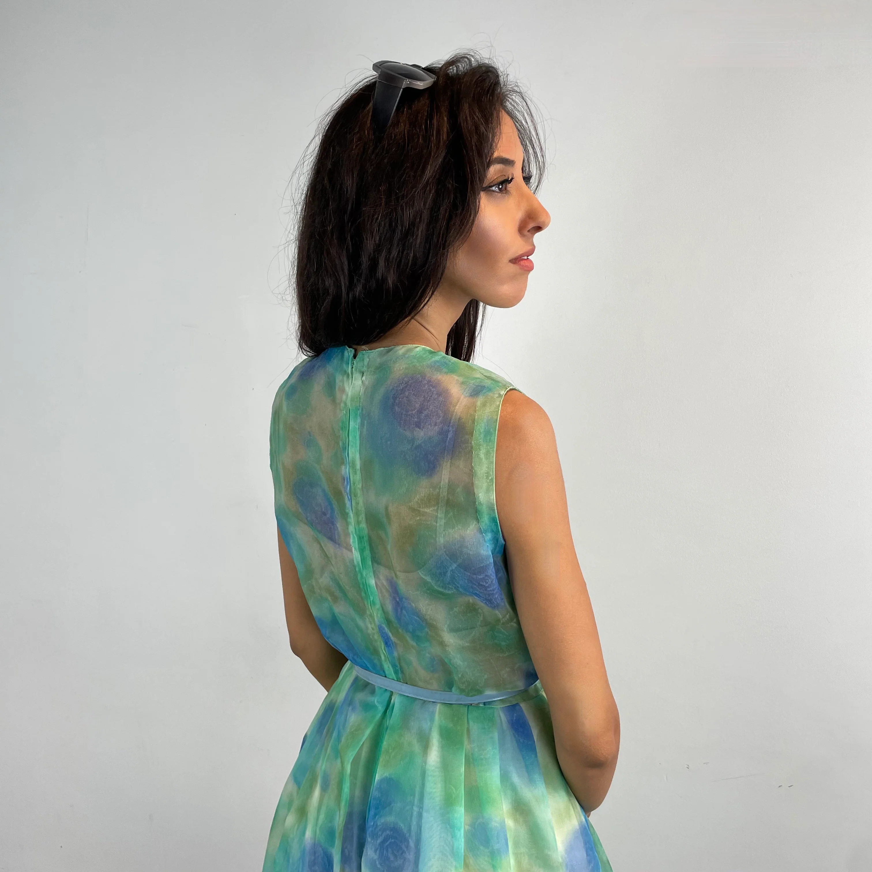 1960s Floral Print Sheer Culotte Dress Small - Image 4