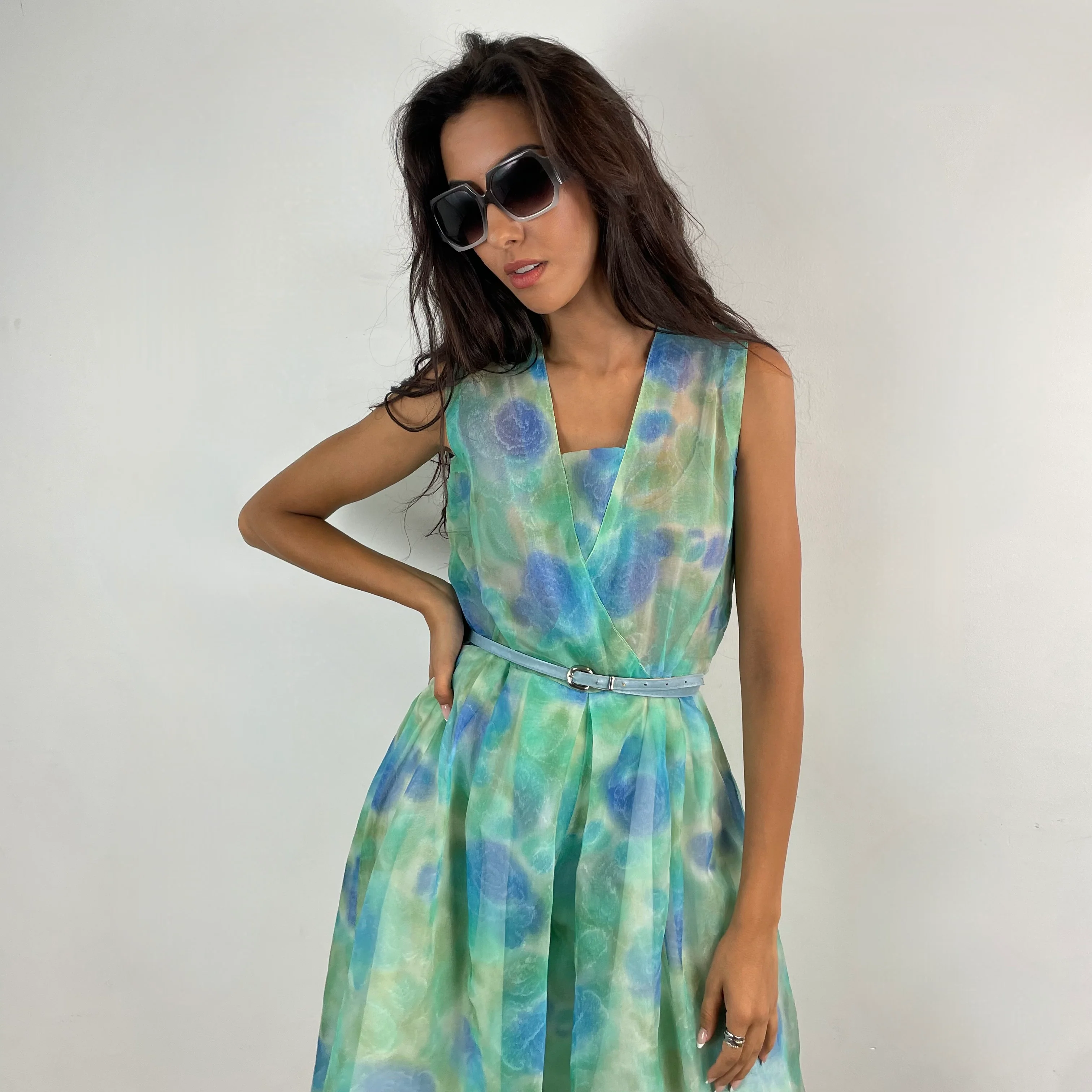 1960s Floral Print Sheer Culotte Dress Small - Image 5