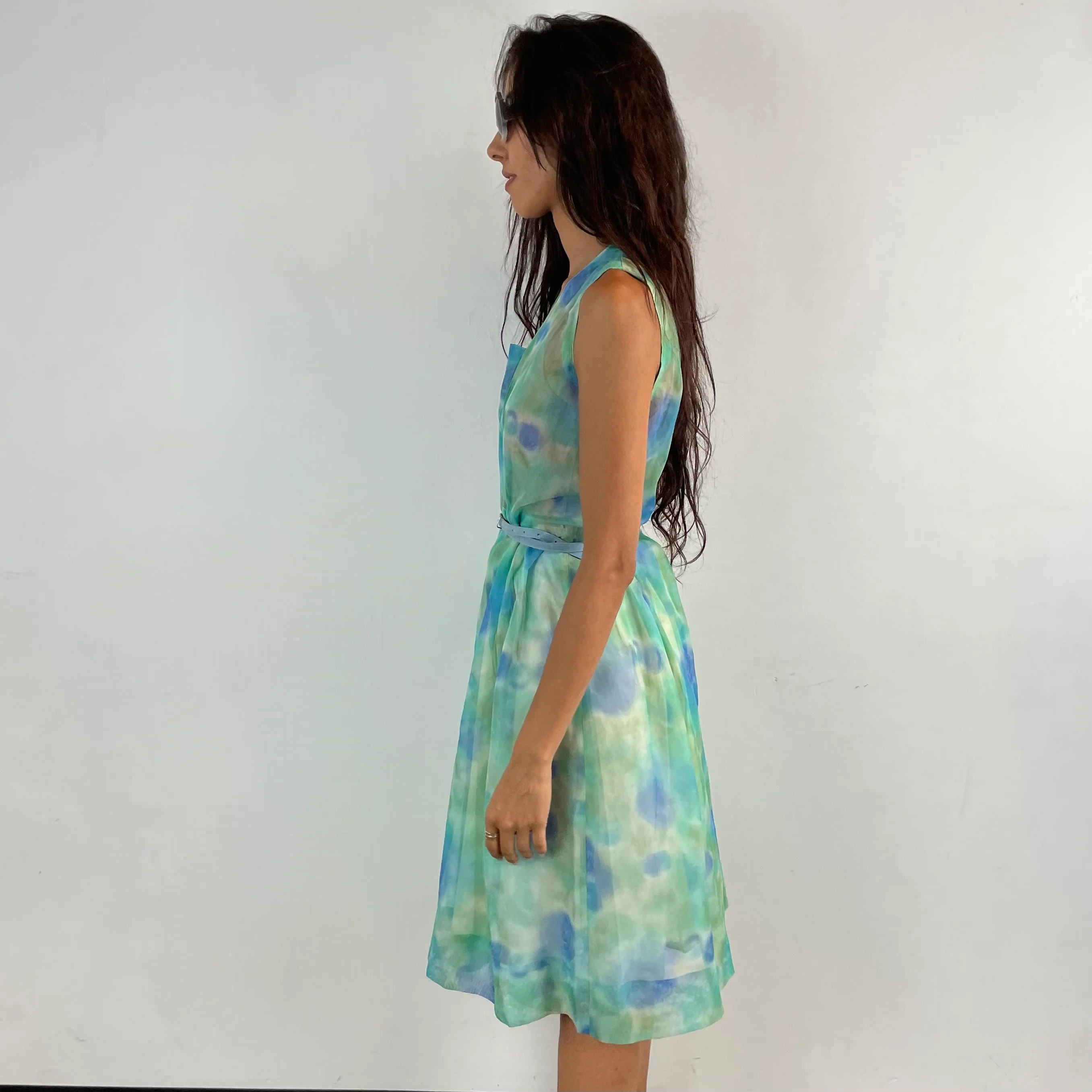 1960s Floral Print Sheer Culotte Dress Small - Image 6