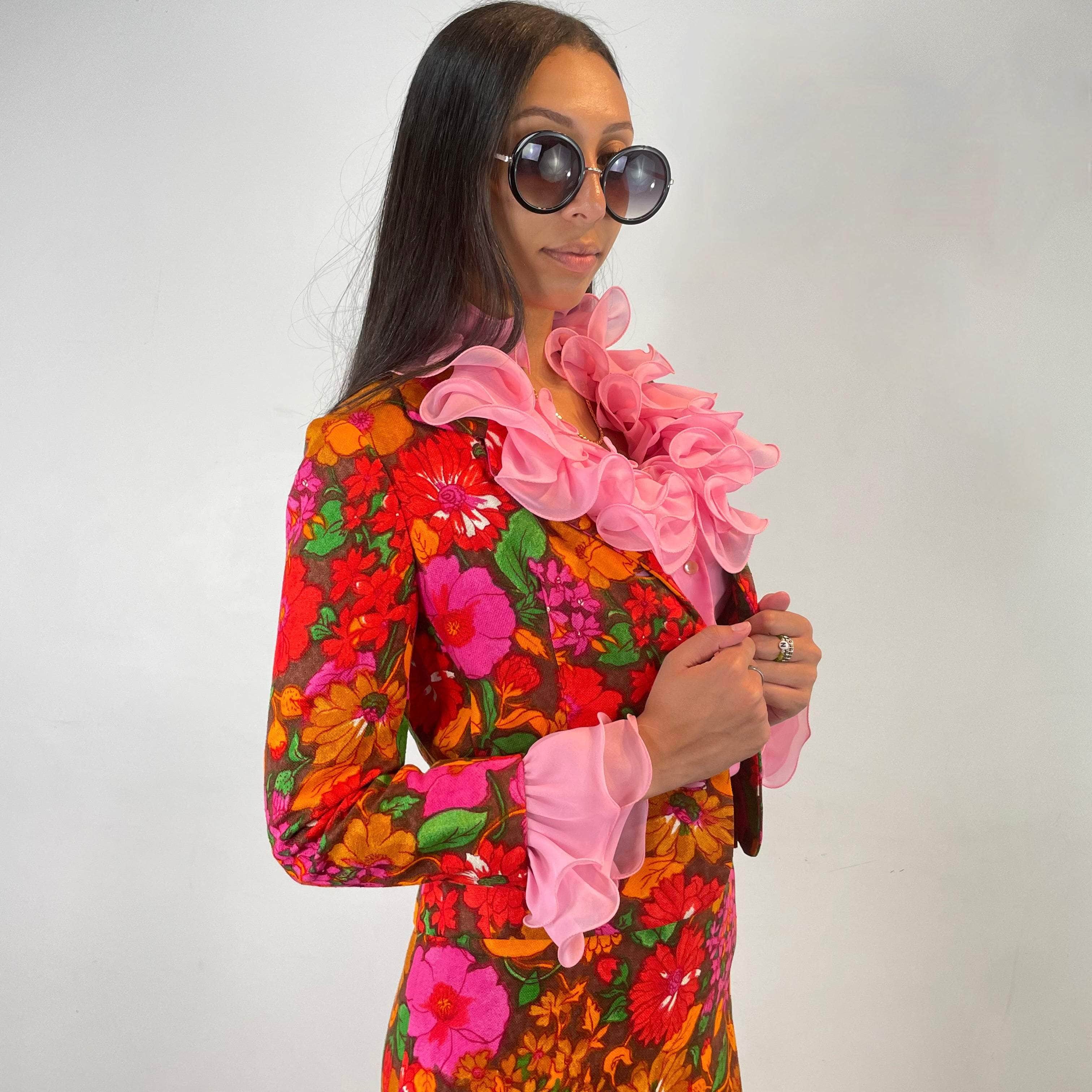 1960s Floral Print Three piece Skirt Set Small - Image 3
