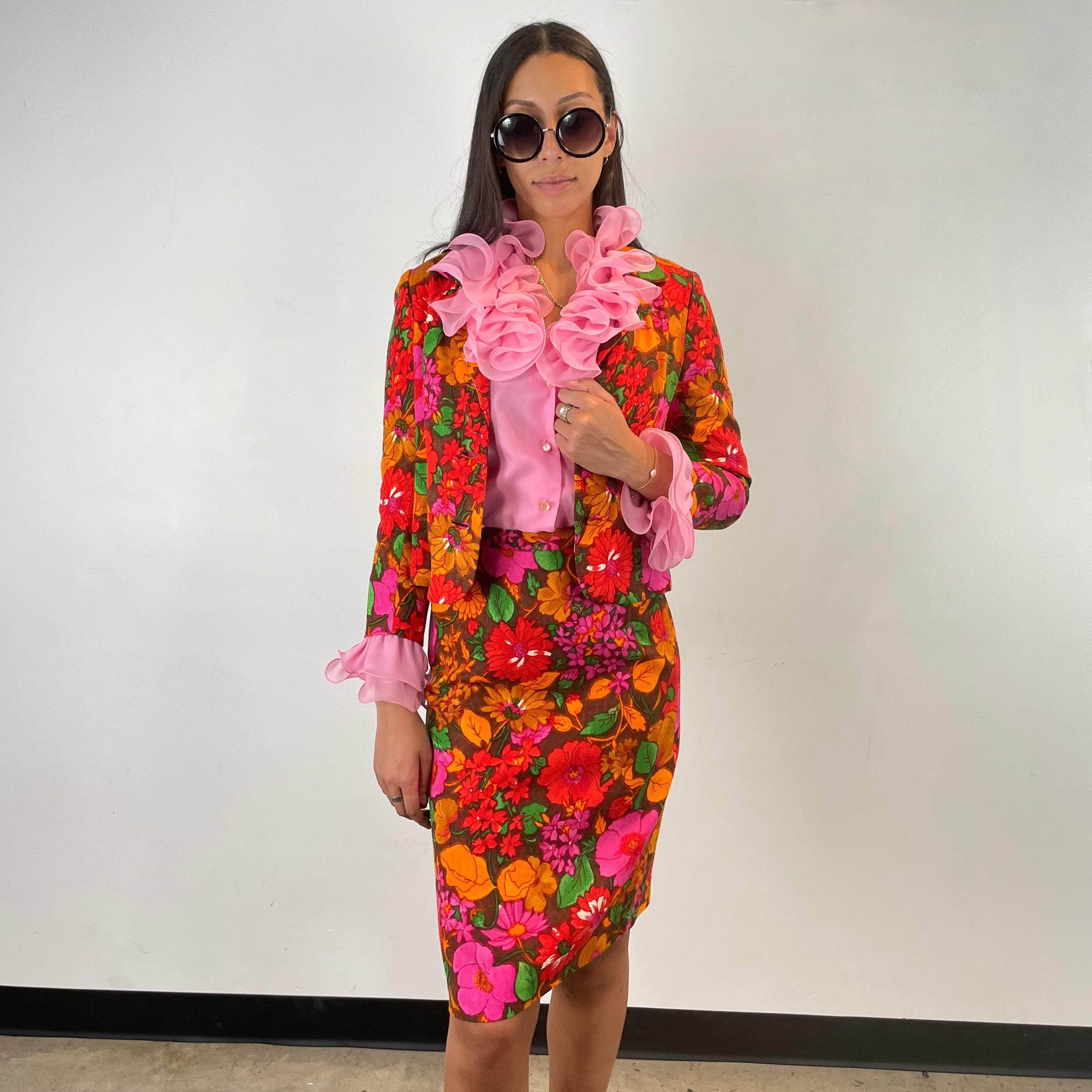 1960s Floral Print Three piece Skirt Set Small - Image 5