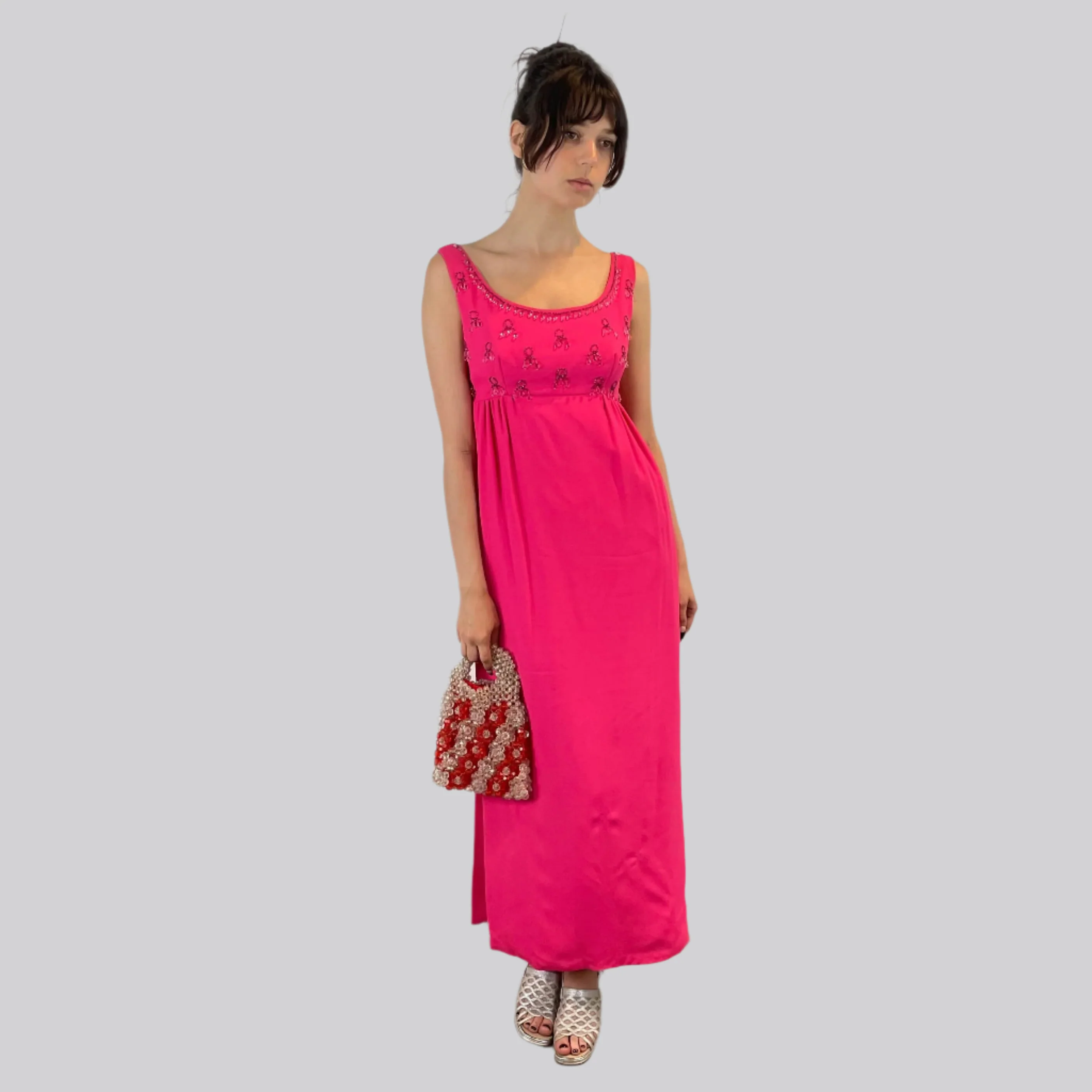 1960s Fuchsia Empire Waist Beaded Gown X-Small/ Small