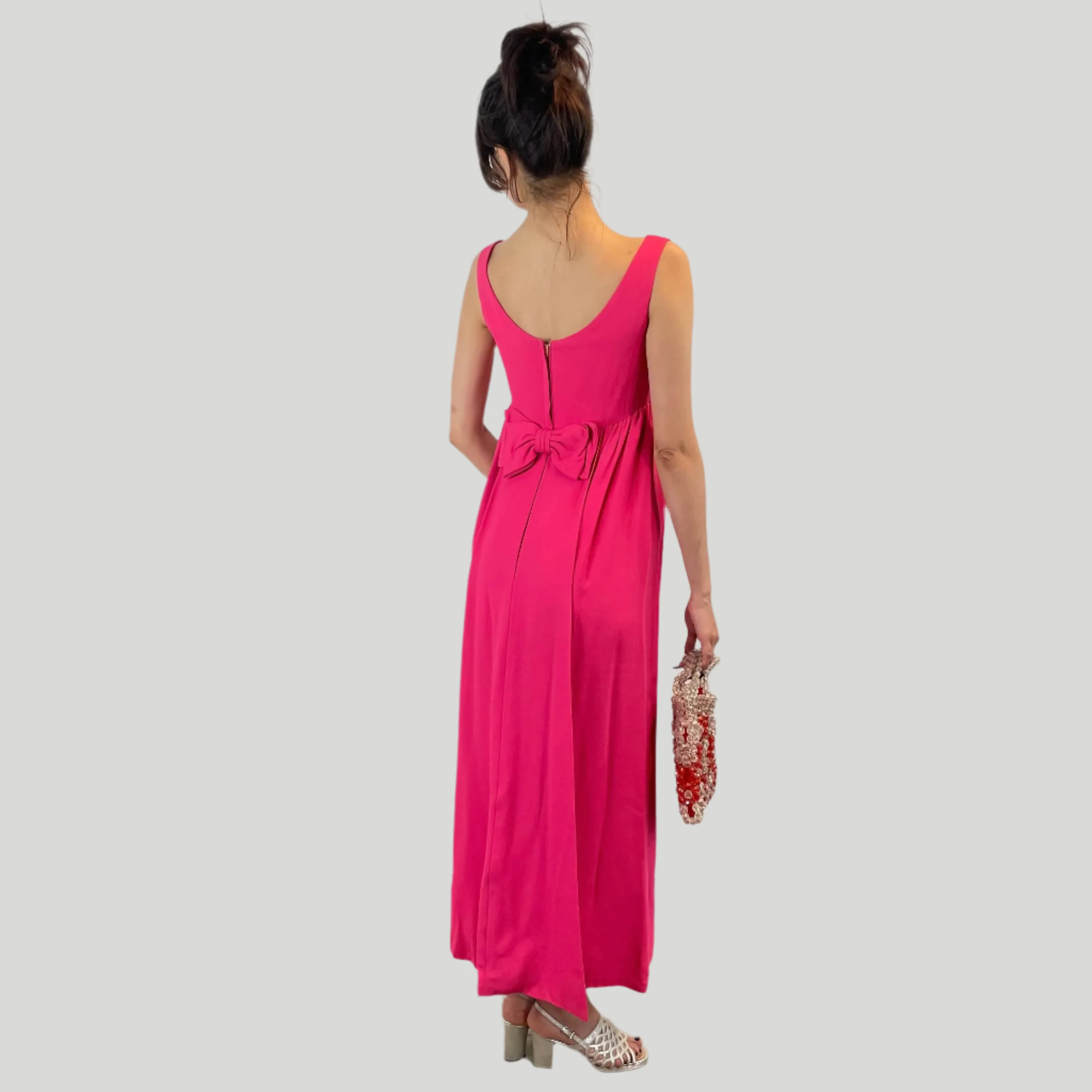 1960s Fuchsia Empire Waist Beaded Gown X-Small/ Small - Image 2