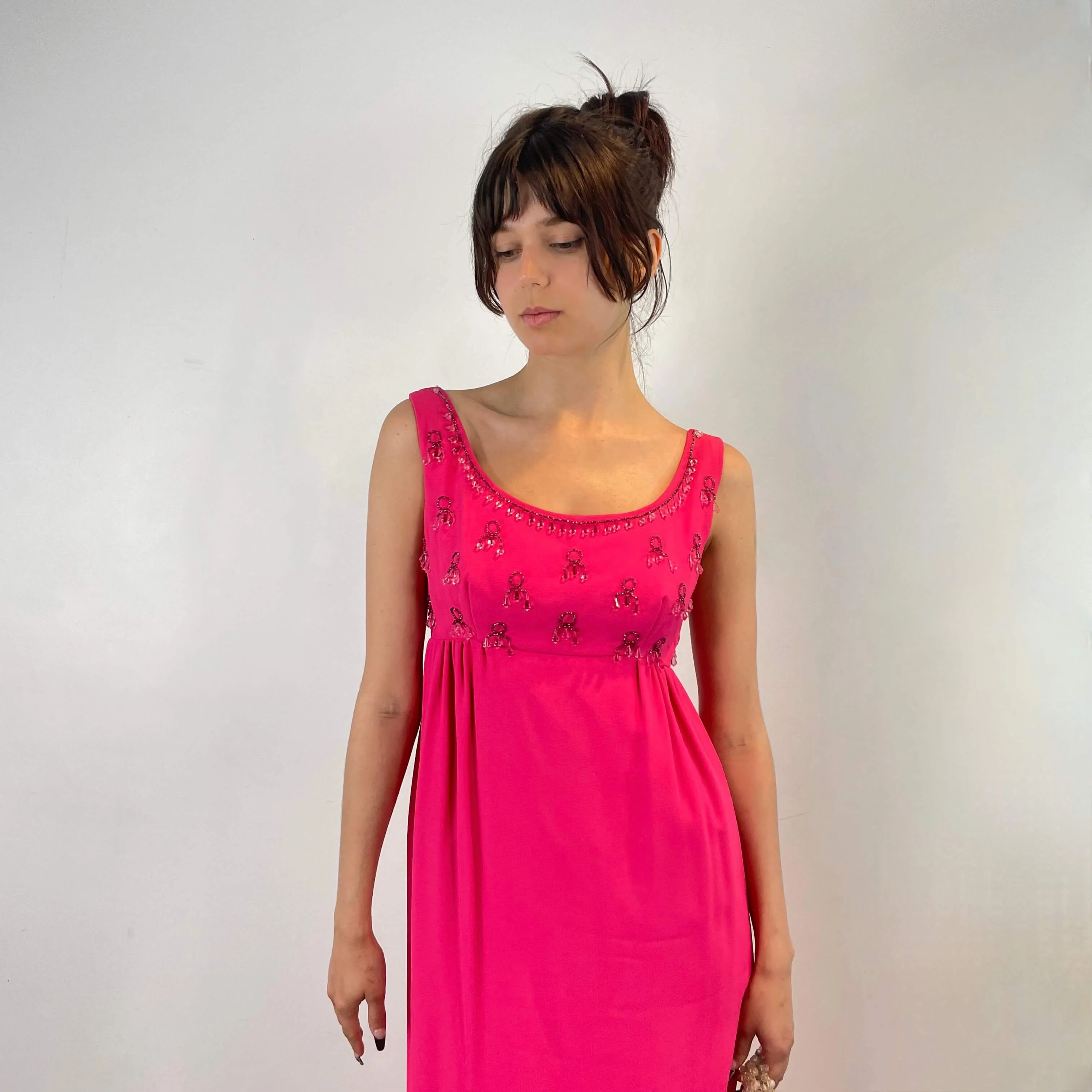 1960s Fuchsia Empire Waist Beaded Gown X-Small/ Small - Image 4