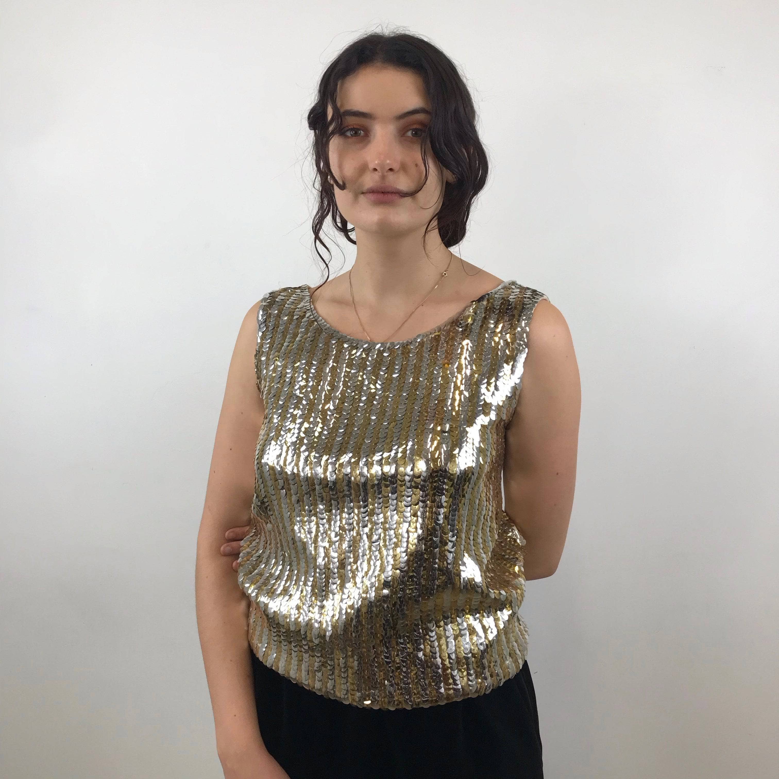 1960s Gold and Silver Sleeveless Sequin Top Medium/Large - Image 3