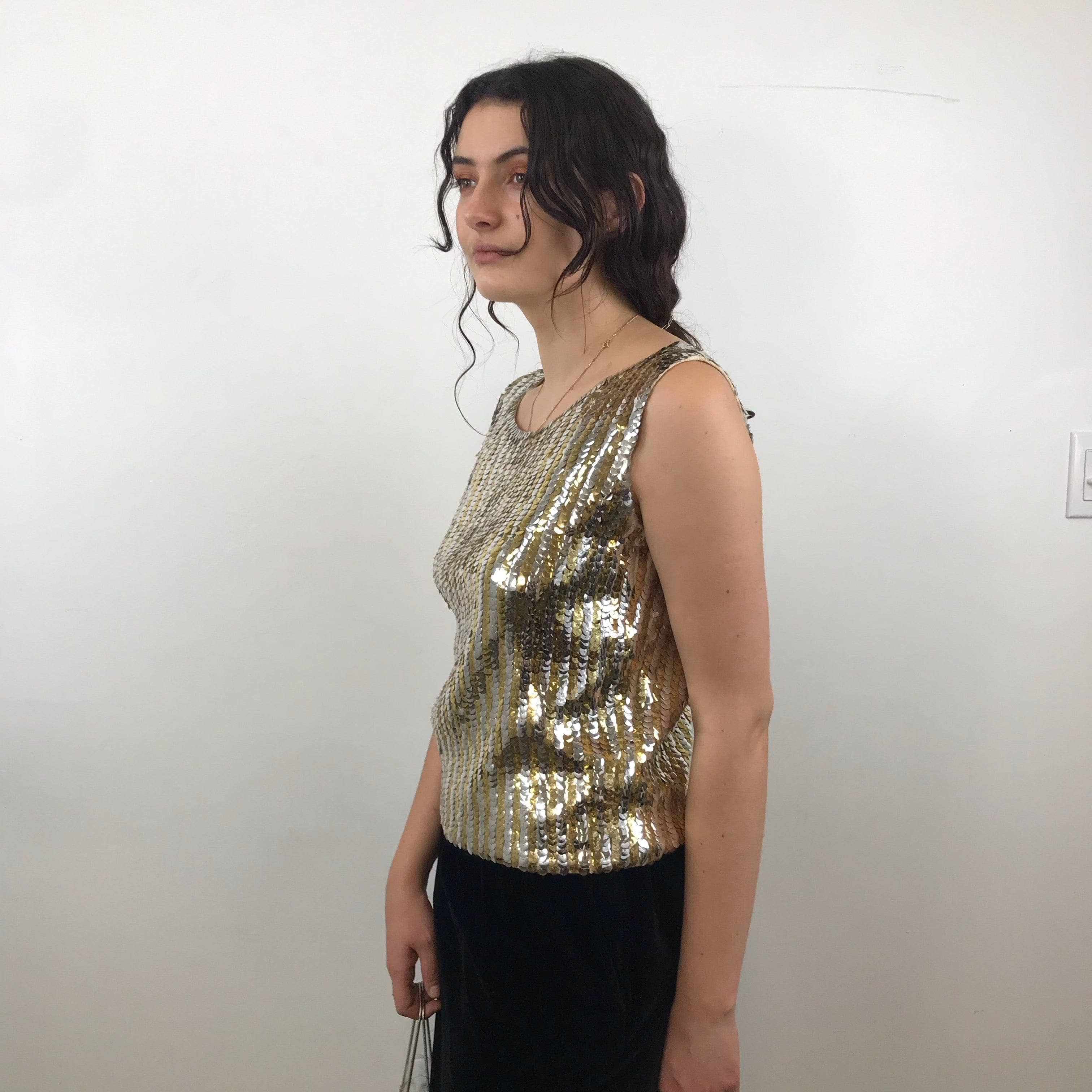 1960s Gold and Silver Sleeveless Sequin Top Medium/Large - Image 4