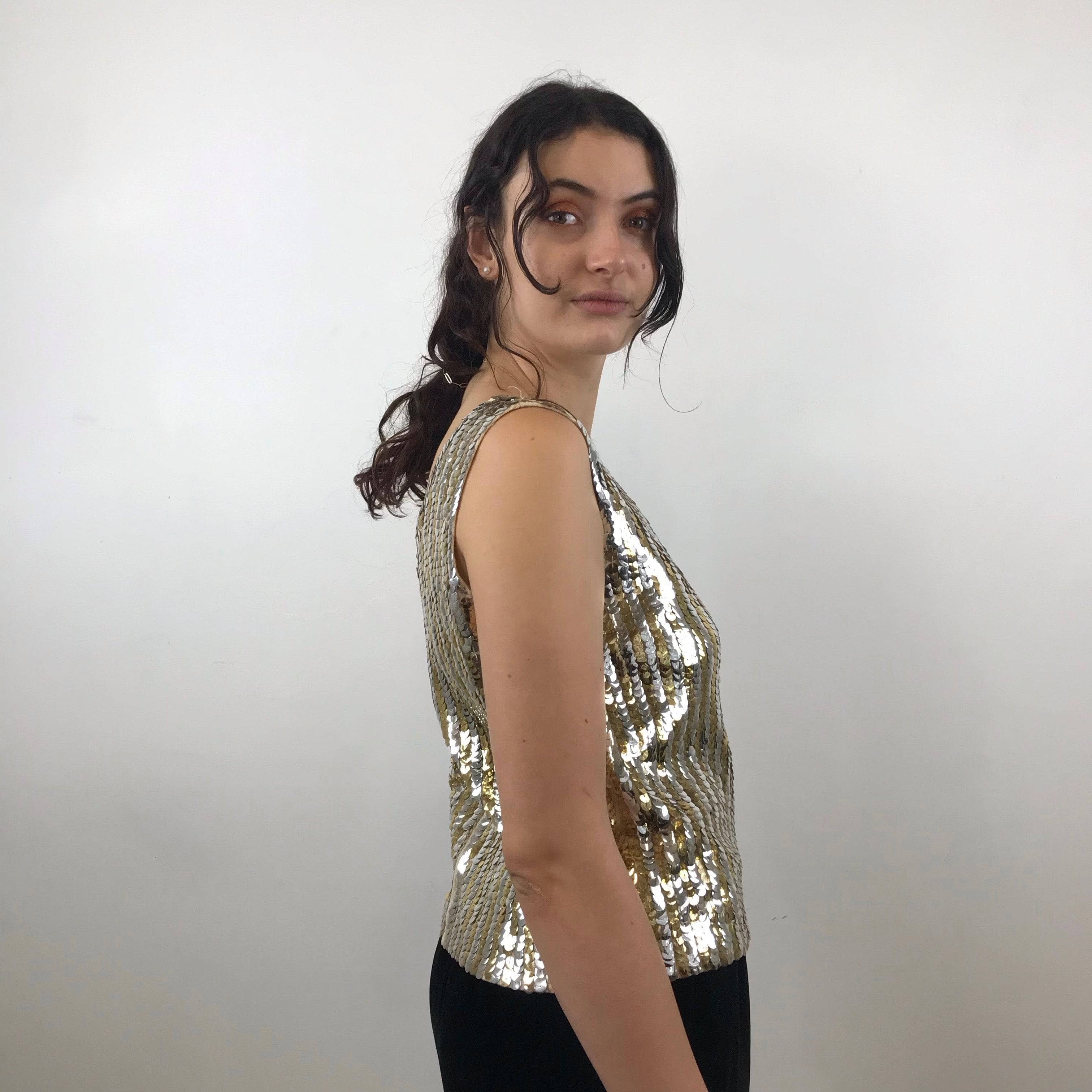 1960s Gold and Silver Sleeveless Sequin Top Medium/Large - Image 6