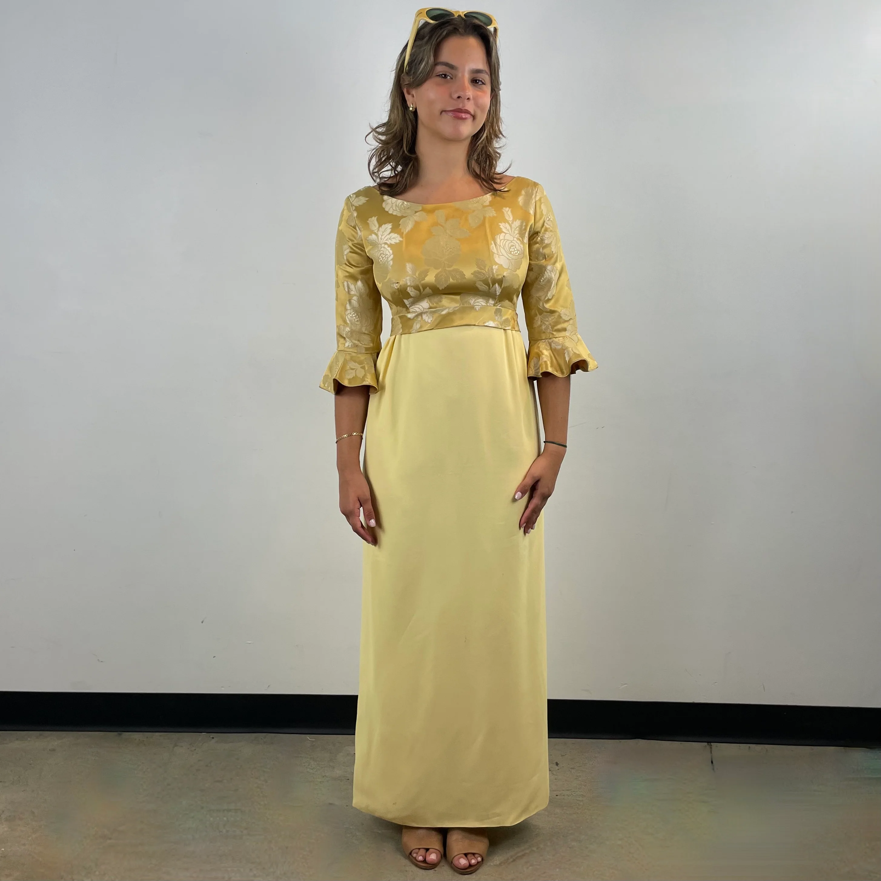 1960s Gold Empire Waist Gown Small - Image 2
