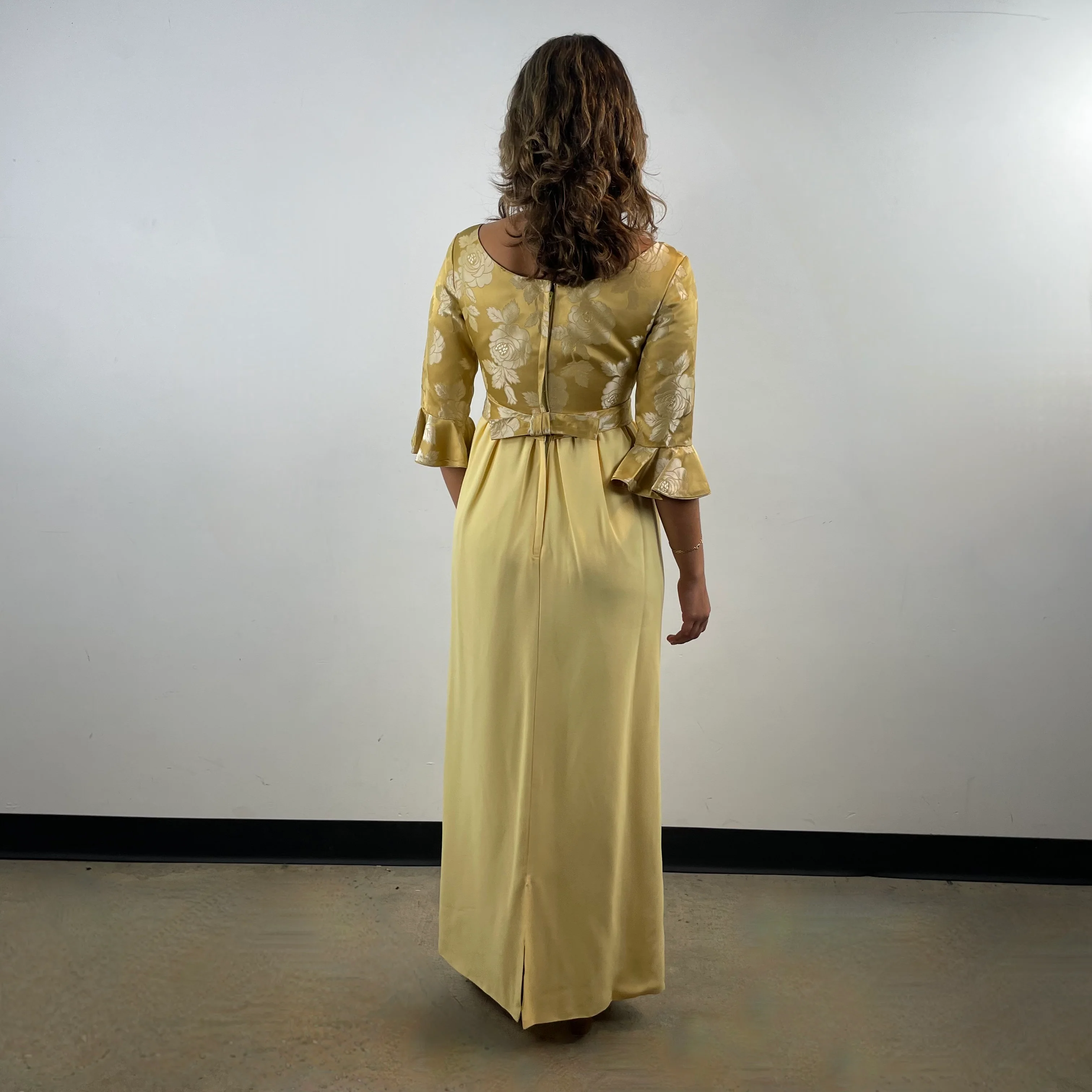 1960s Gold Empire Waist Gown Small - Image 3