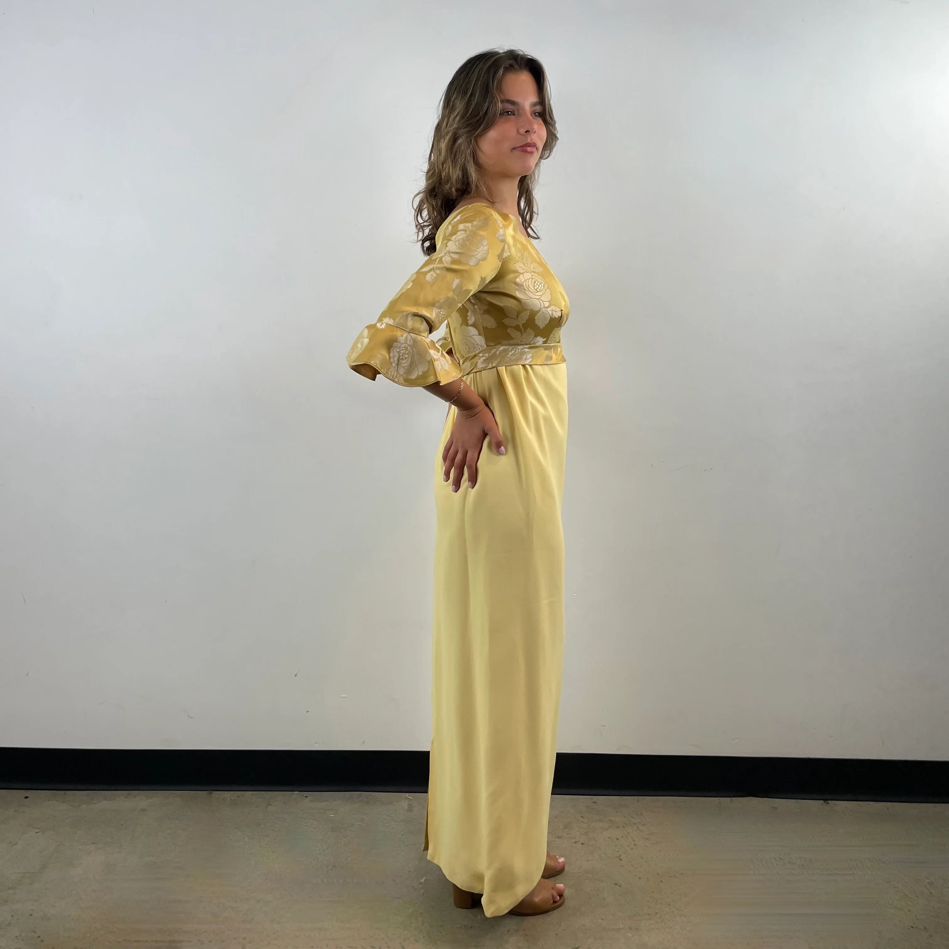 1960s Gold Empire Waist Gown Small - Image 4