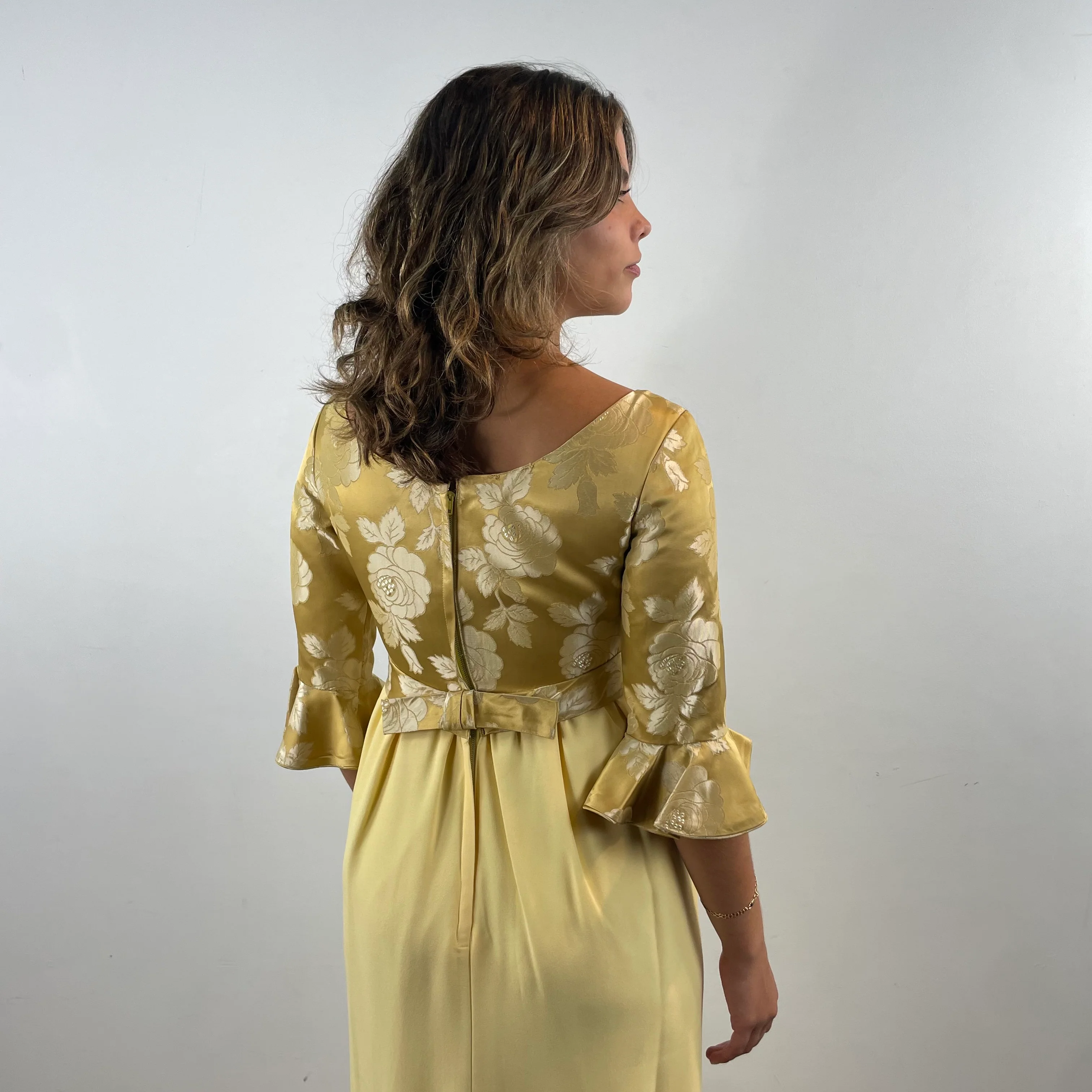 1960s Gold Empire Waist Gown Small - Image 6