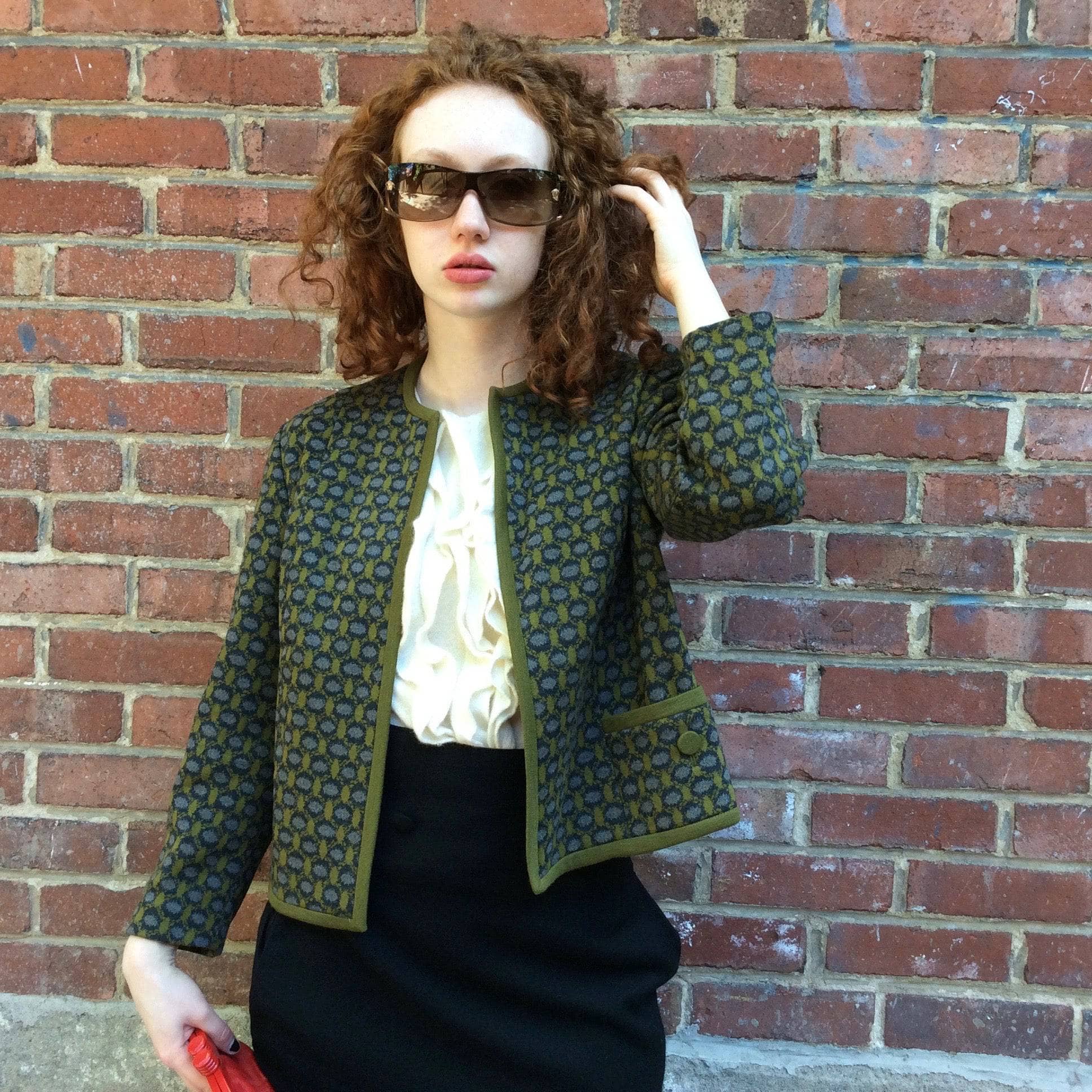 1960s Green and Grey ¾ Sleeve Wool Knit Blazer M