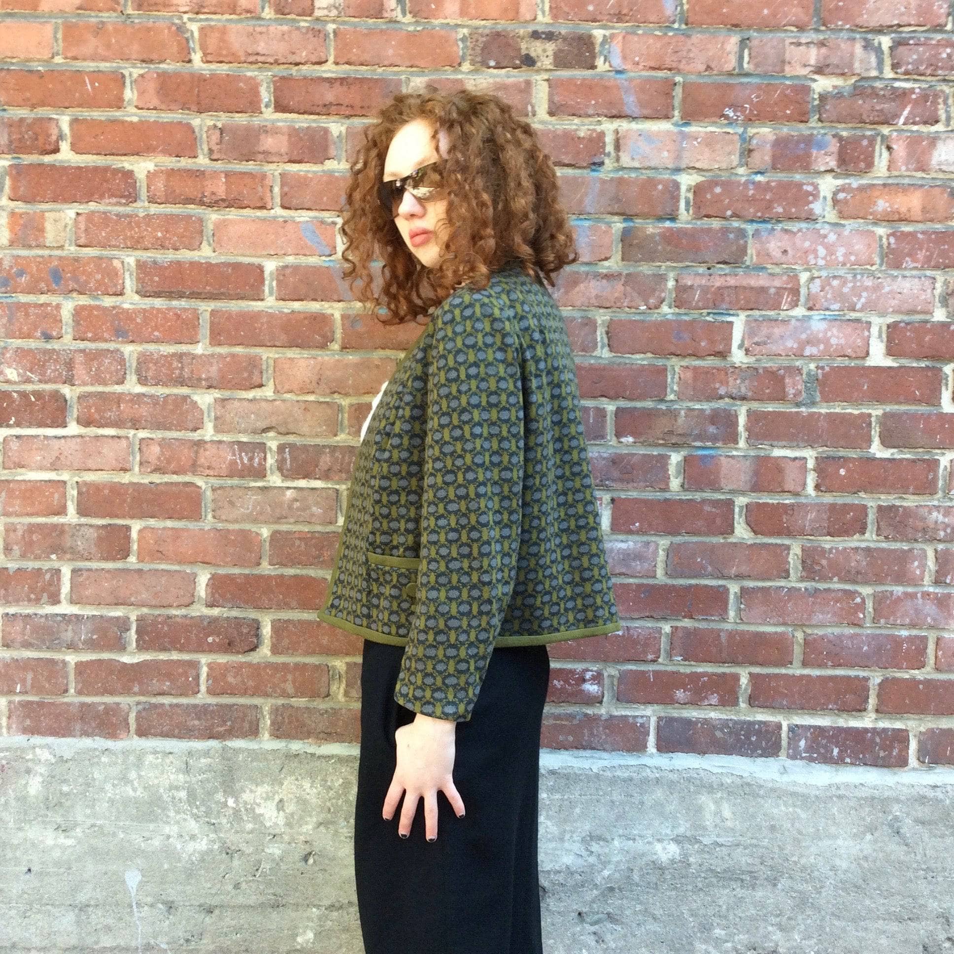 1960s Green and Grey ¾ Sleeve Wool Knit Blazer M - Image 2