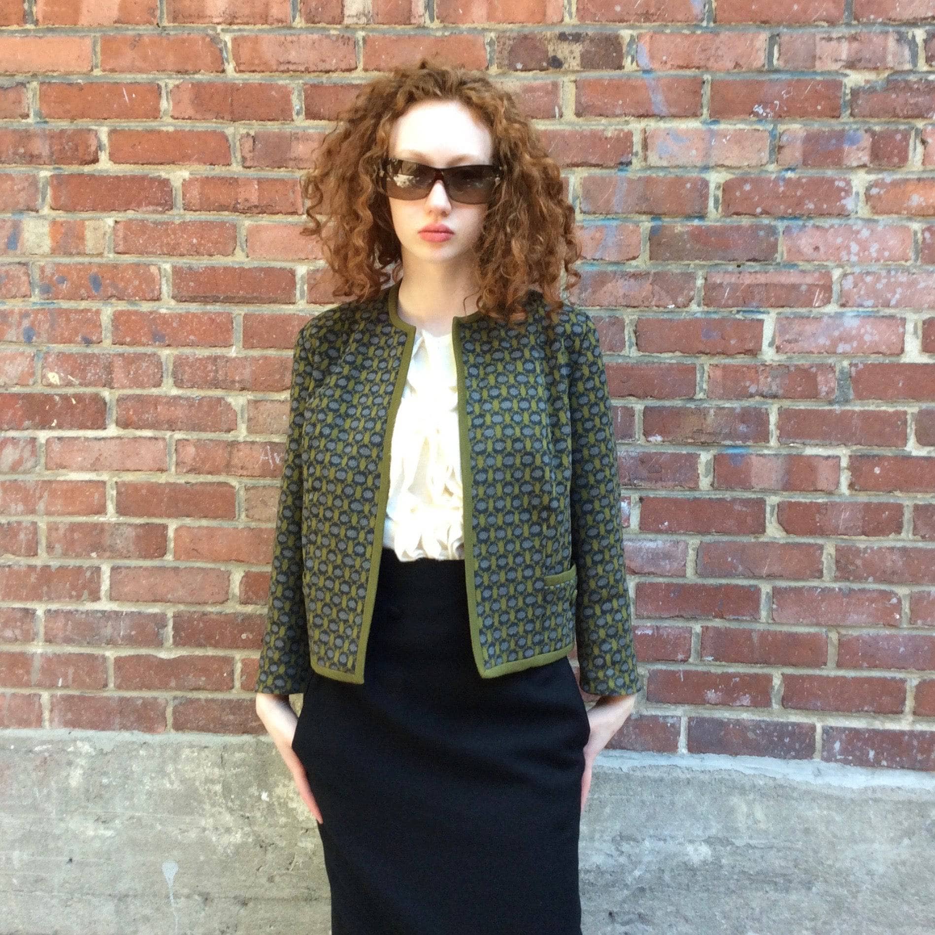 1960s Green and Grey ¾ Sleeve Wool Knit Blazer M - Image 4