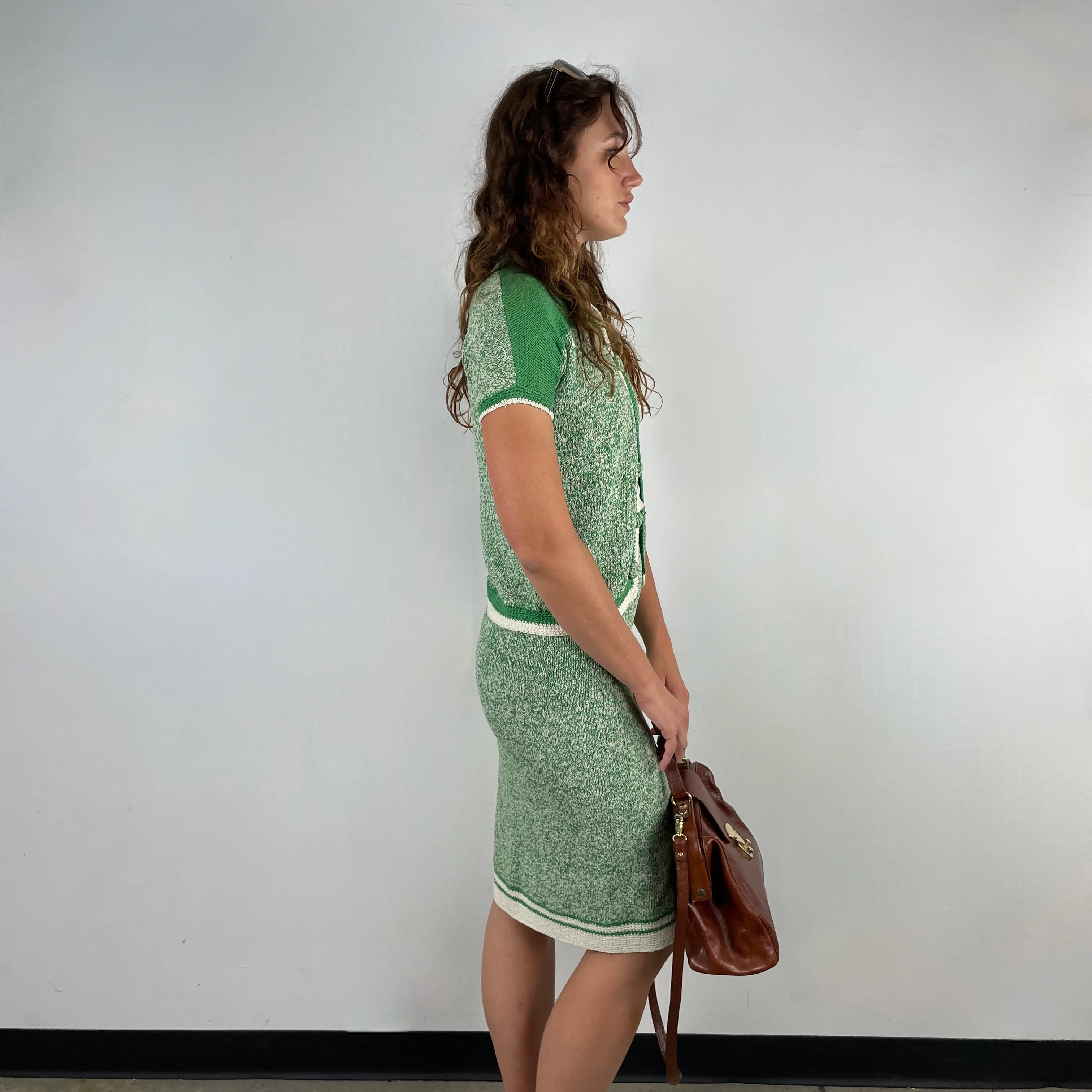 1960s Green and White Knitted Cardigan and Skirt Set Small - Image 4