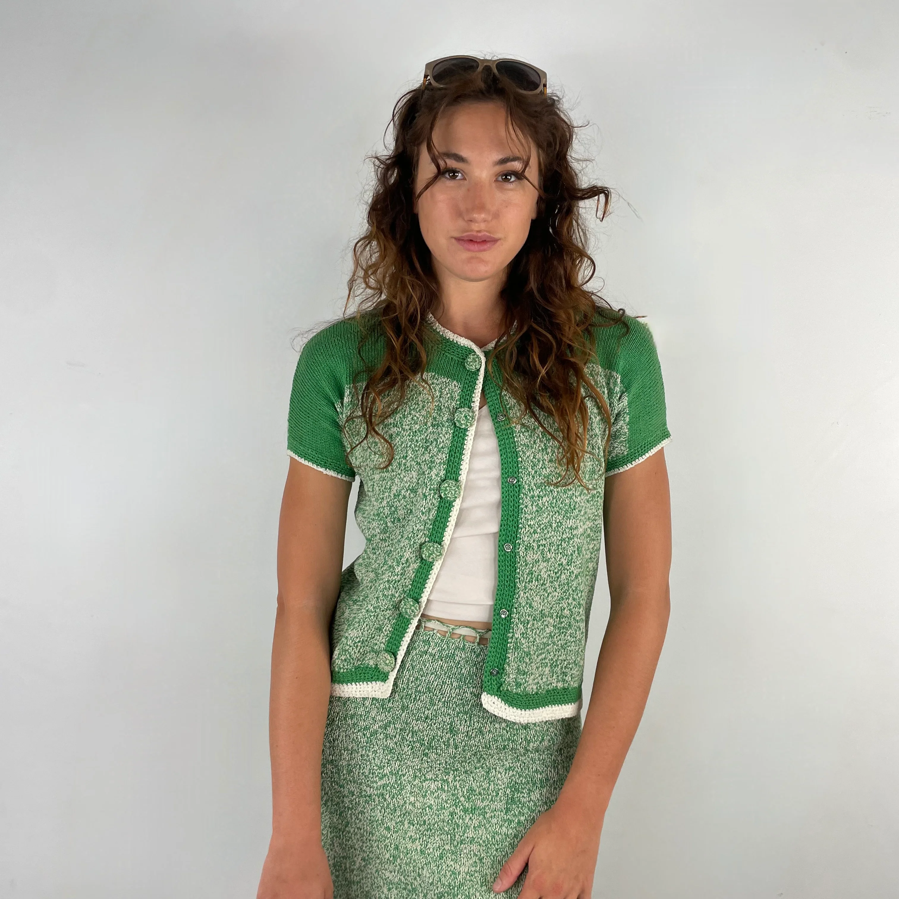 1960s Green and White Knitted Cardigan and Skirt Set Small - Image 5