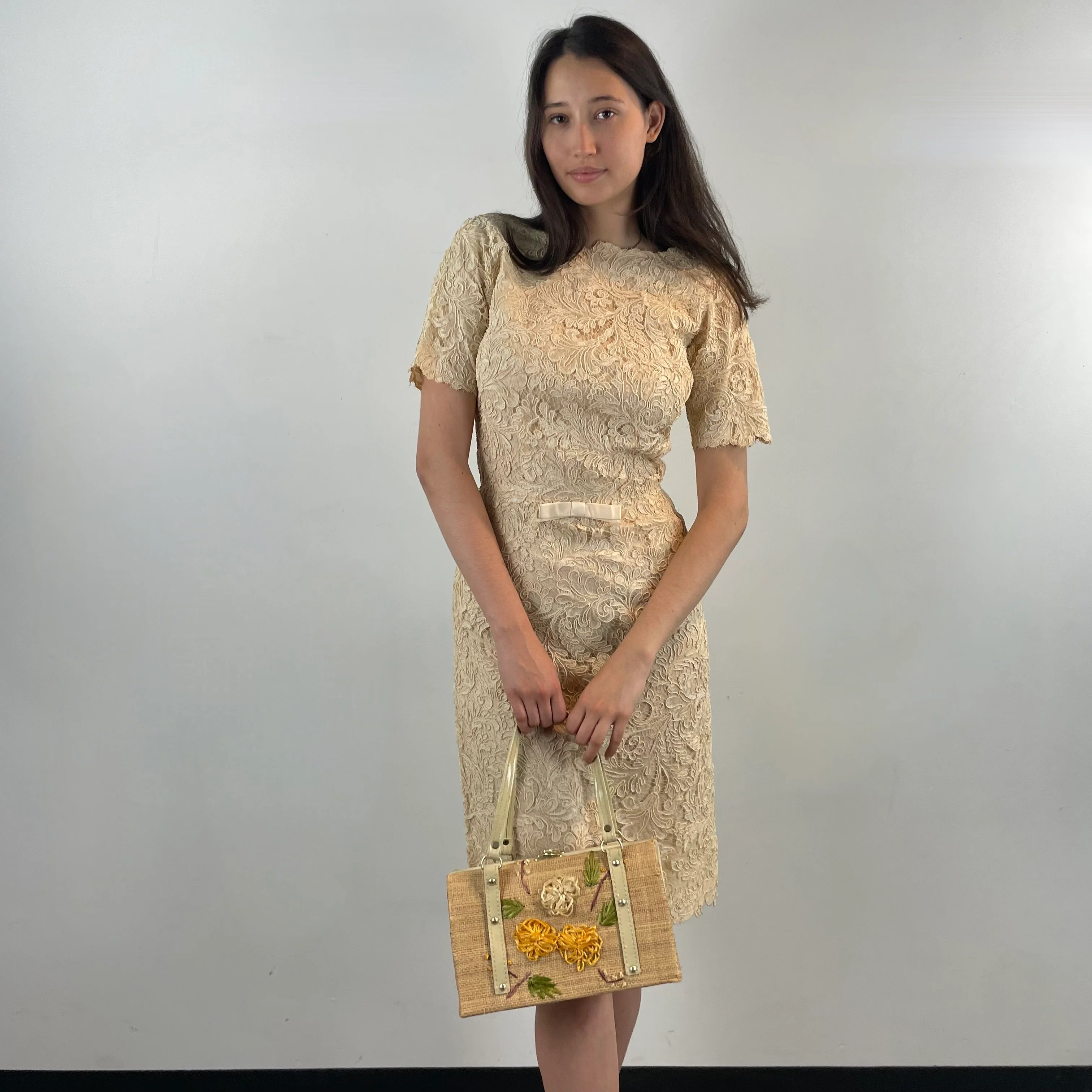 1960s Ivory Short Sleeve Lace Dress Small/Medium