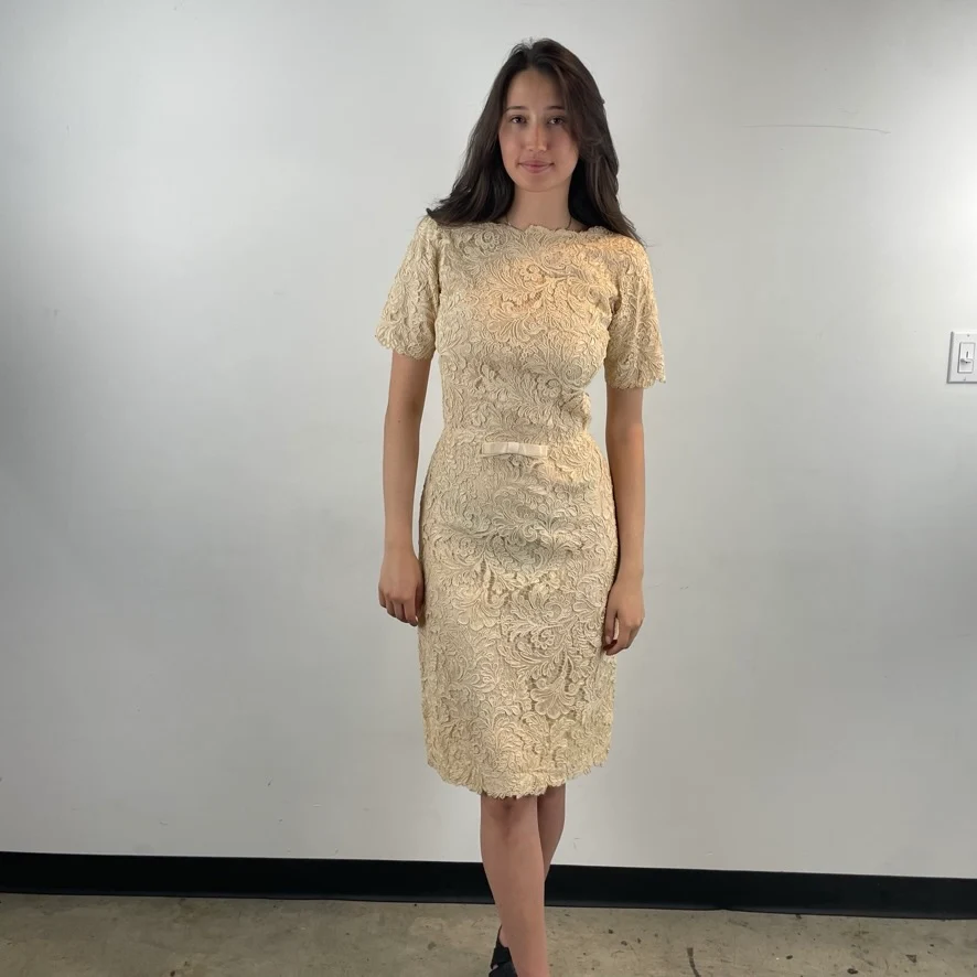 1960s Ivory Short Sleeve Lace Dress Small/Medium - Image 3