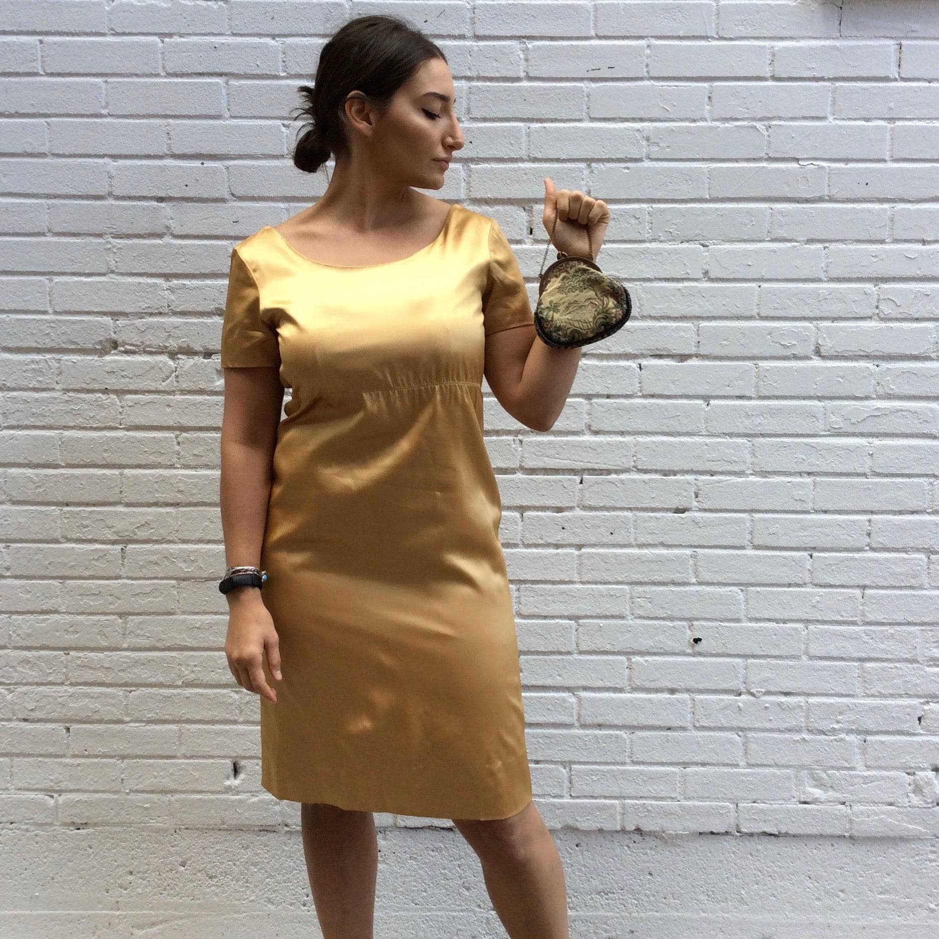 1960s Knee-length Gold Satin Shift Dress Medium - Image 3