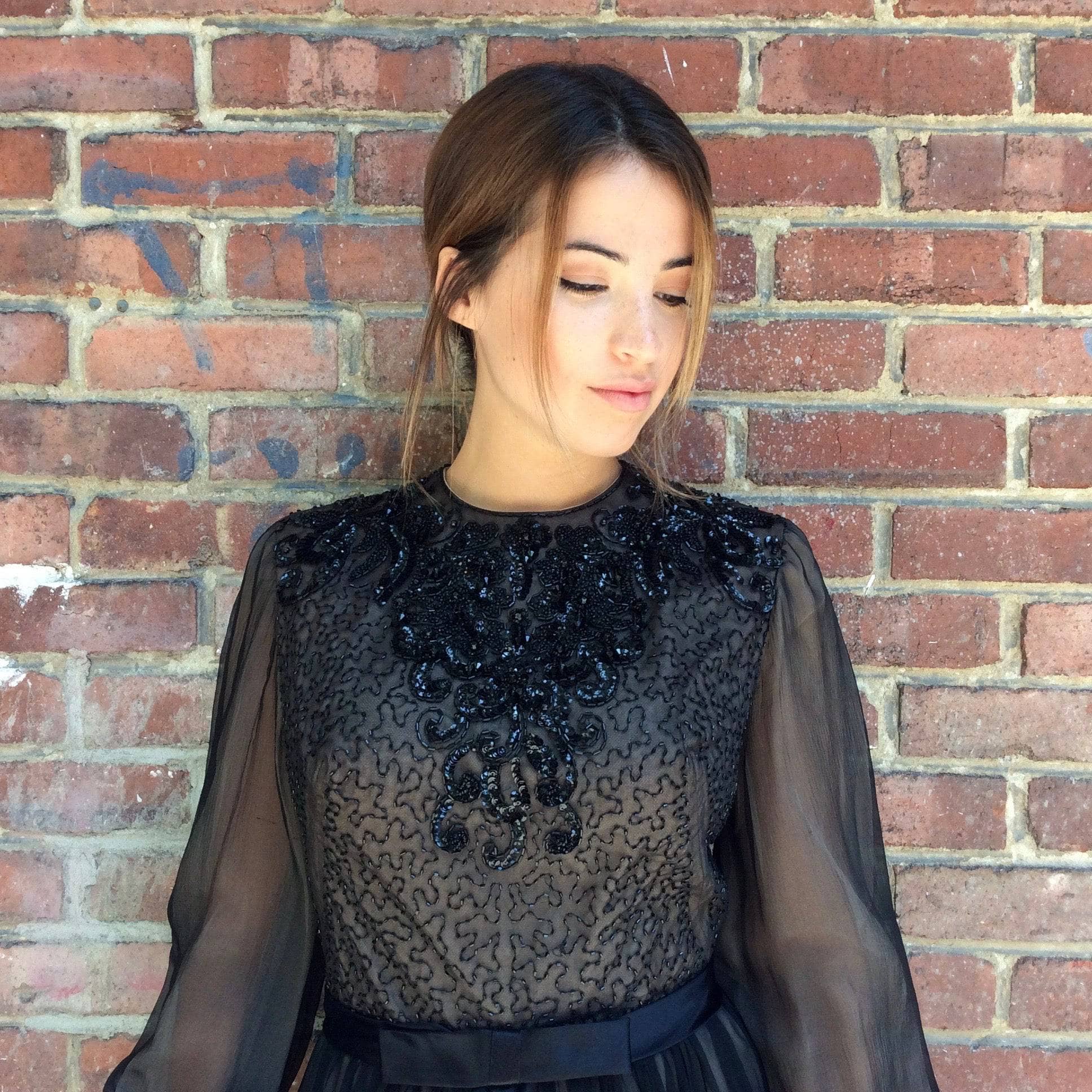 1960s Lily Simon Sequin and Beaded Silk Chiffon Couture Mini Dress Small - Image 3