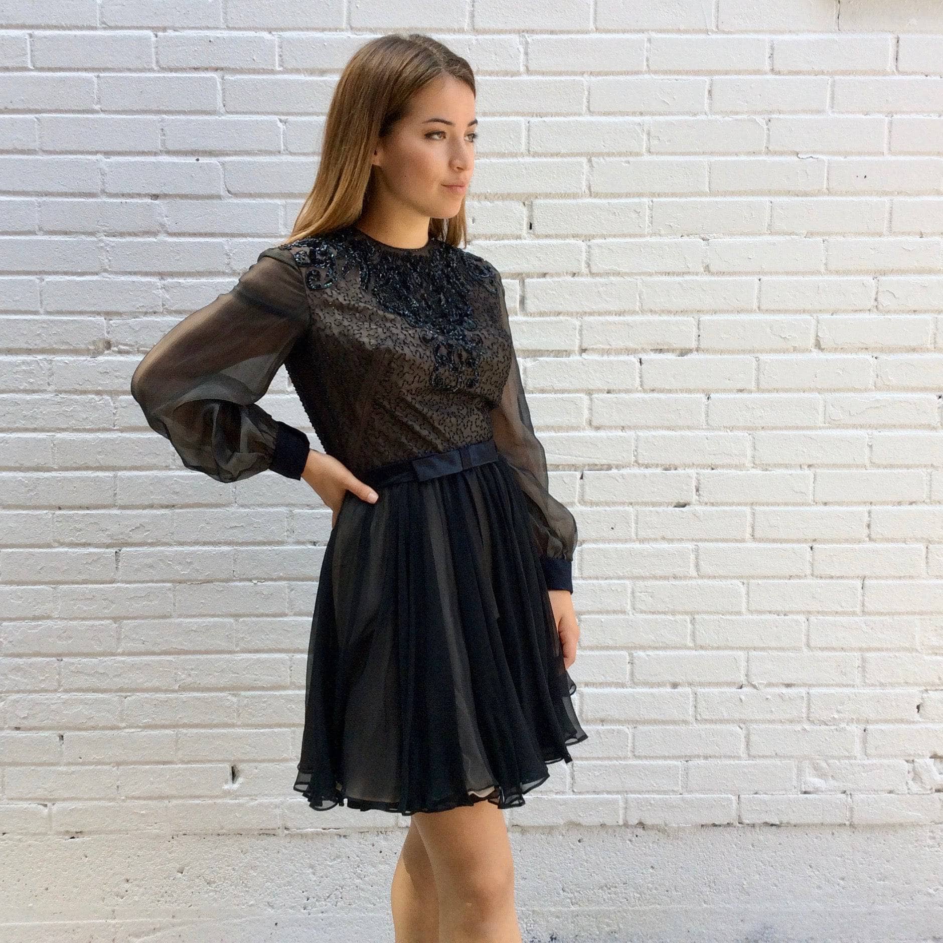 1960s Lily Simon Sequin and Beaded Silk Chiffon Couture Mini Dress Small - Image 7