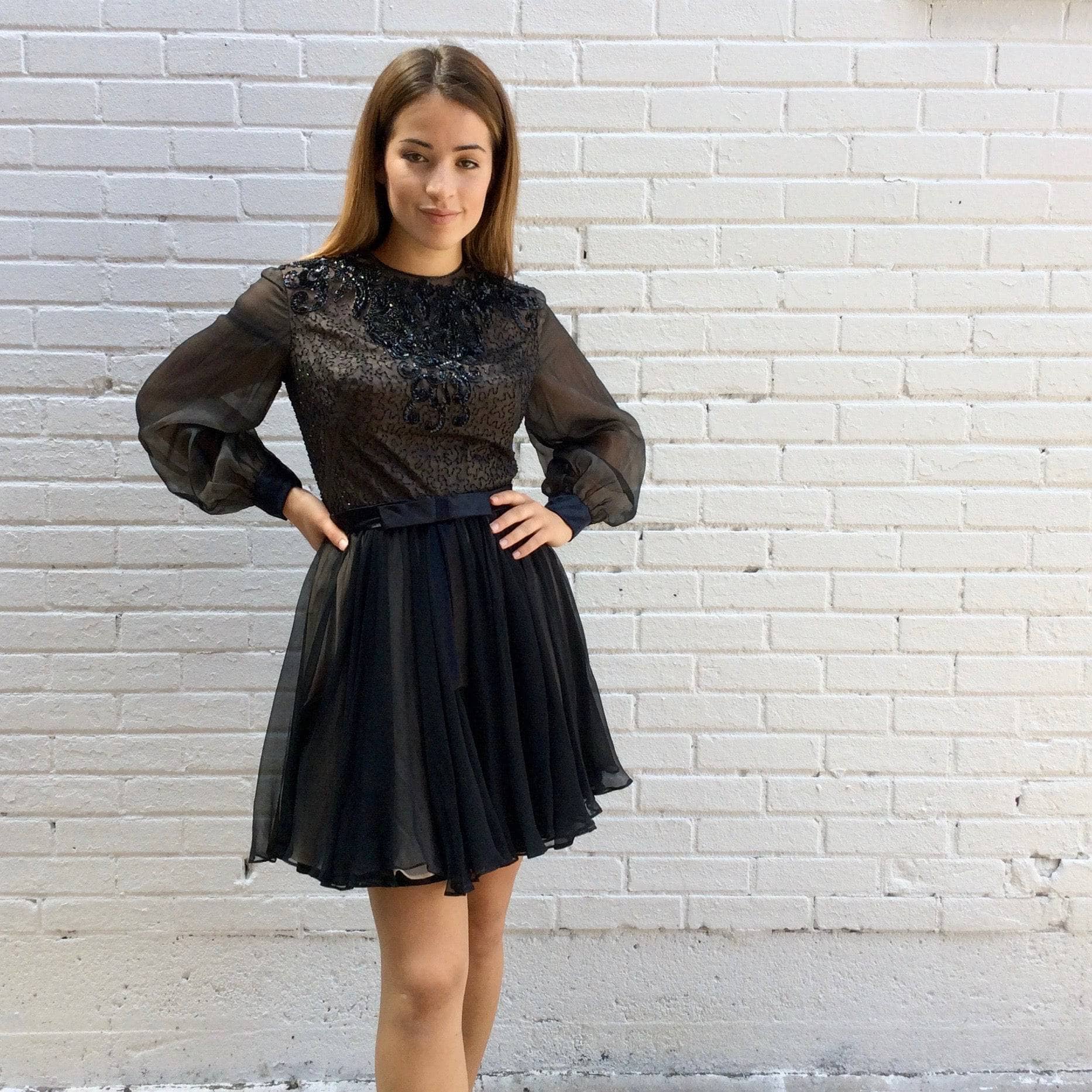 1960s Lily Simon Sequin and Beaded Silk Chiffon Couture Mini Dress Small - Image 8