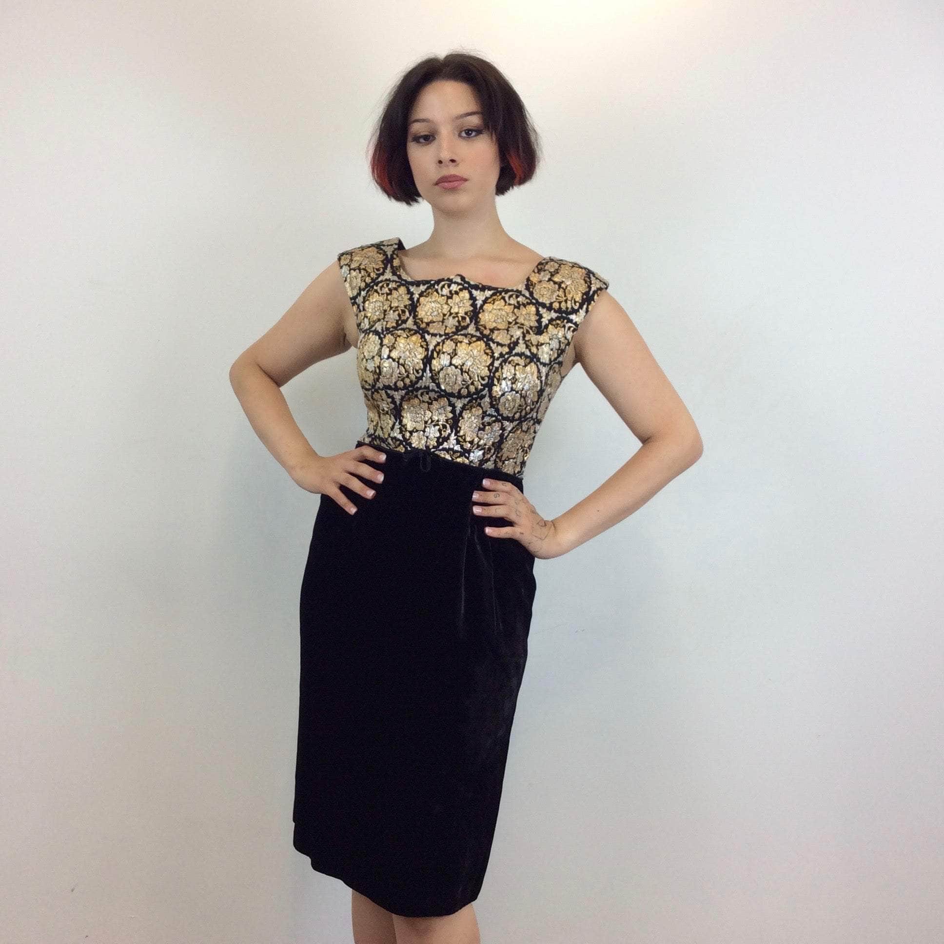 1960s Metallic Brocade and Black Velvet Dress Medium