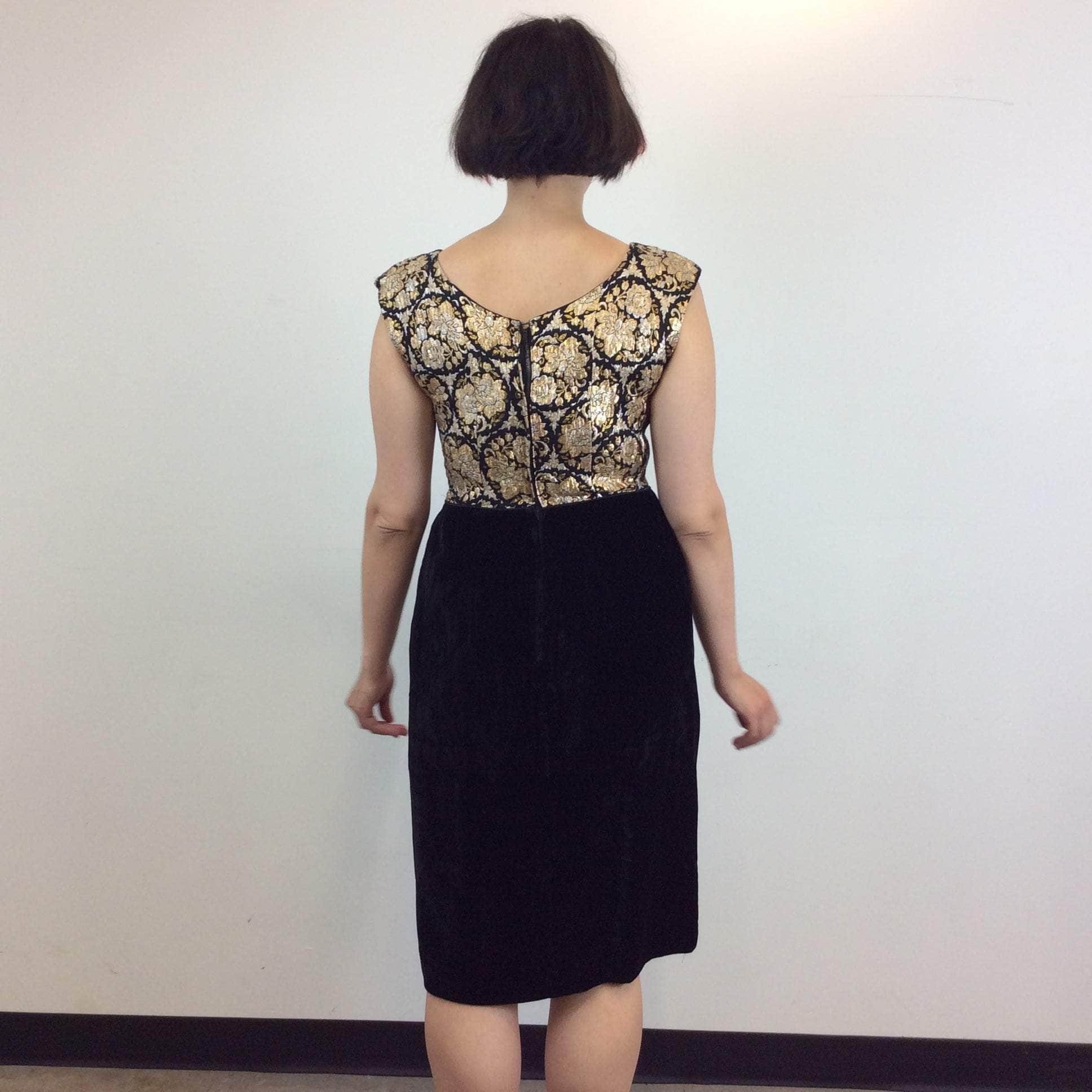 1960s Metallic Brocade and Black Velvet Dress Medium - Image 2
