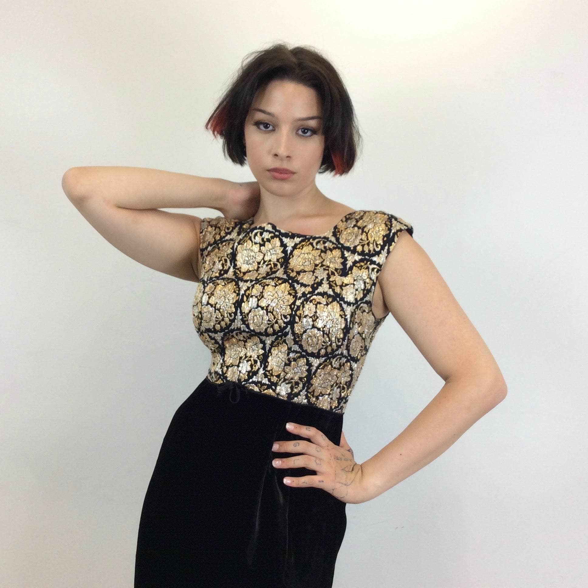 1960s Metallic Brocade and Black Velvet Dress Medium - Image 3