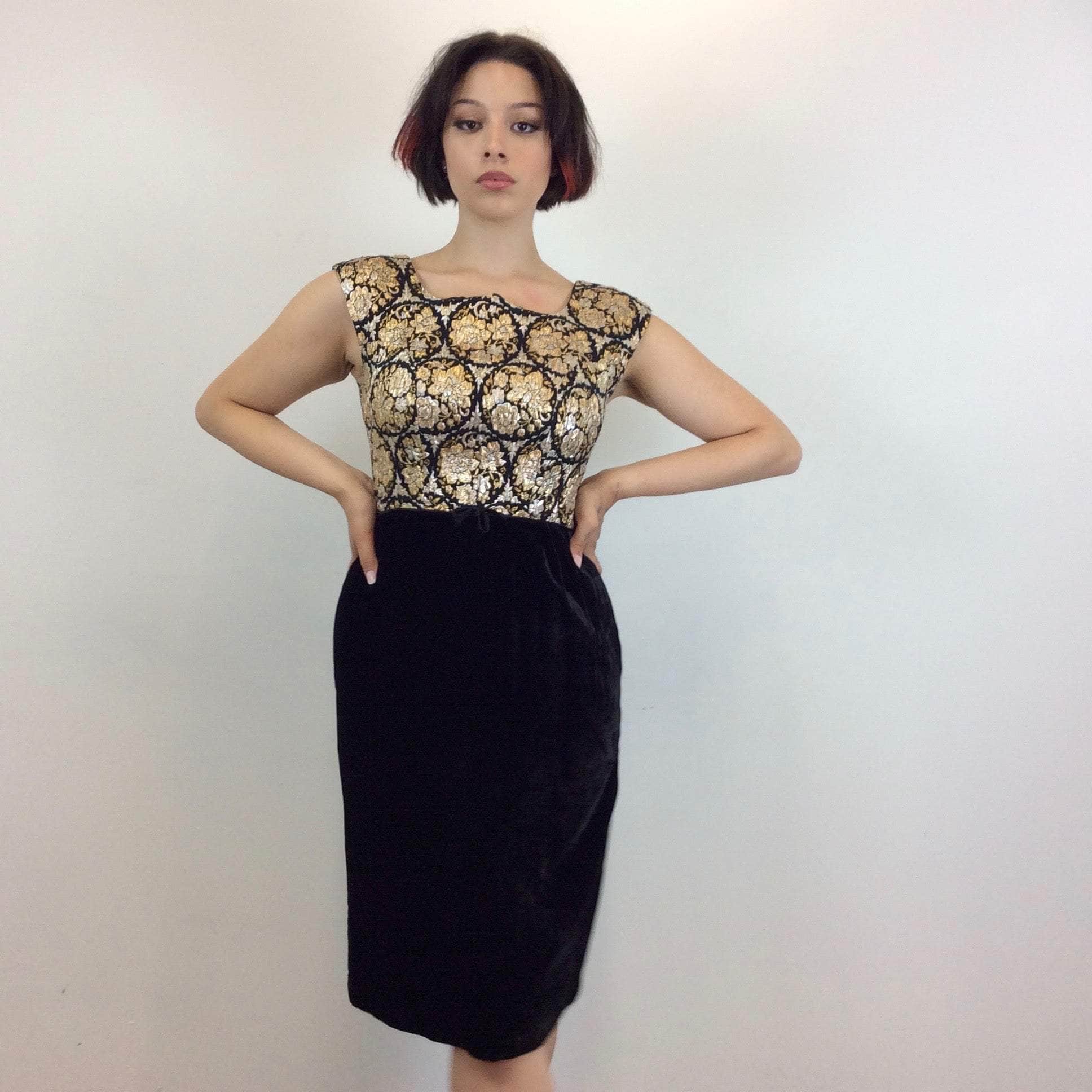 1960s Metallic Brocade and Black Velvet Dress Medium - Image 4
