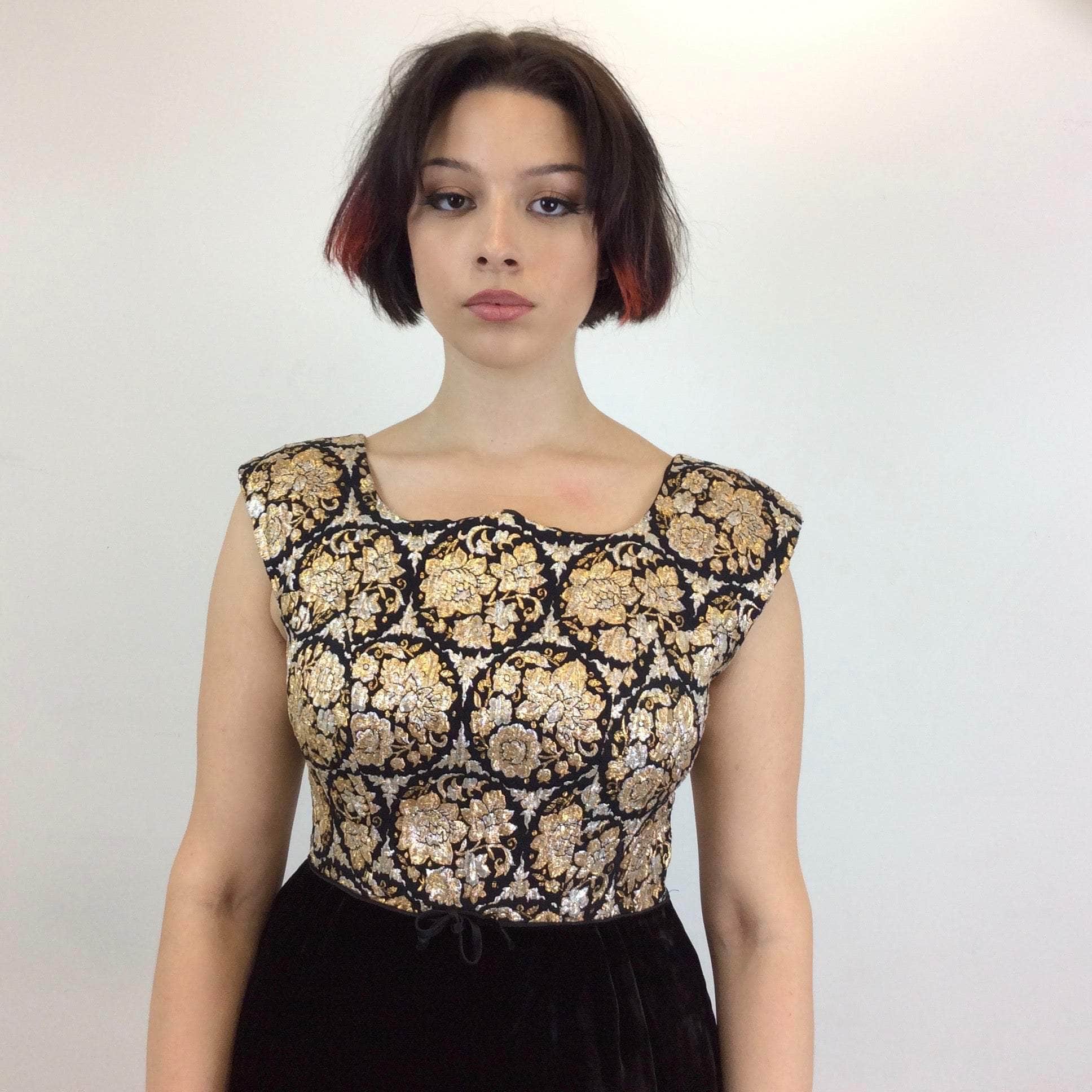 1960s Metallic Brocade and Black Velvet Dress Medium - Image 5