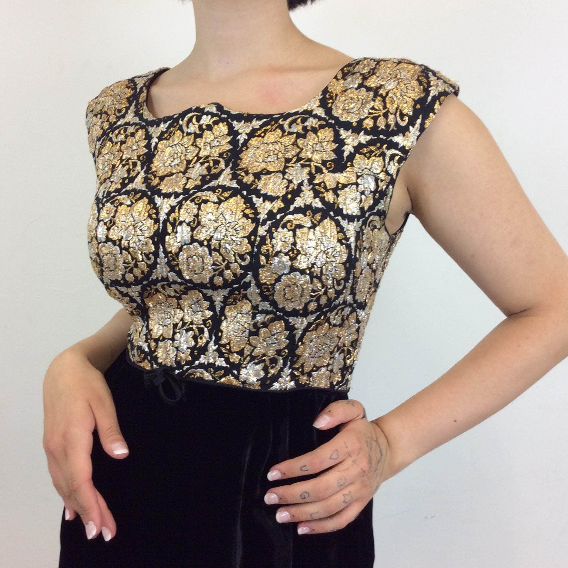 1960s Metallic Brocade and Black Velvet Dress Medium - Image 6
