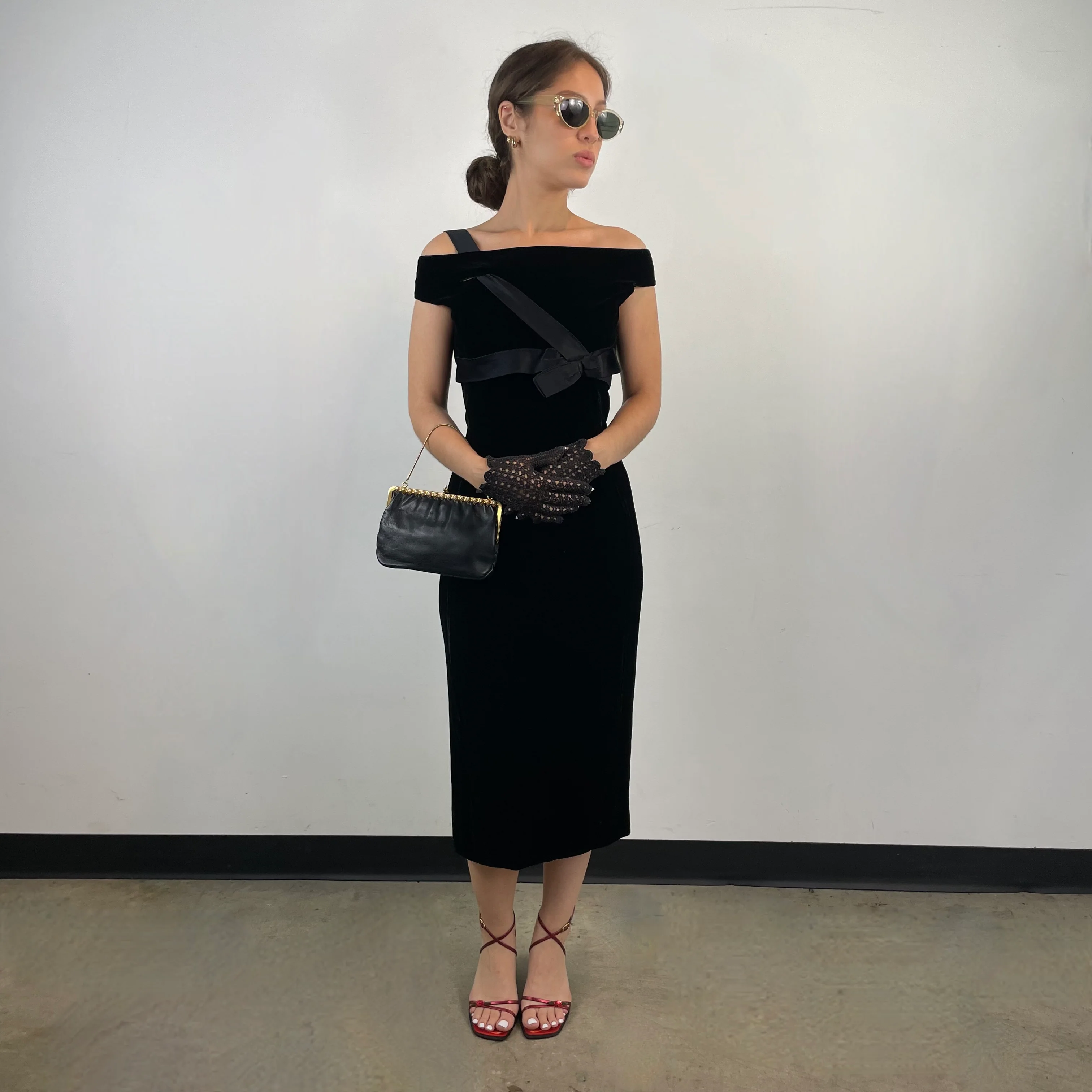 1960s Off the Shoulder Black Velvet Midi Dress Small