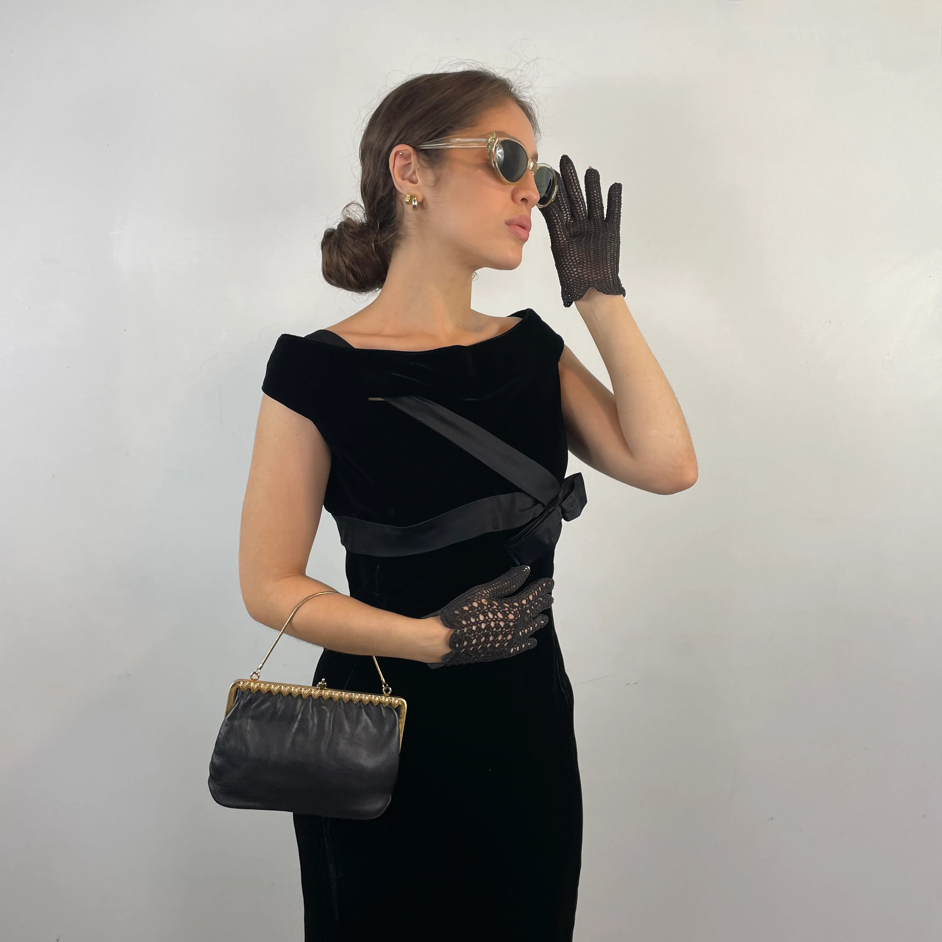 1960s Off the Shoulder Black Velvet Midi Dress Small - Image 2
