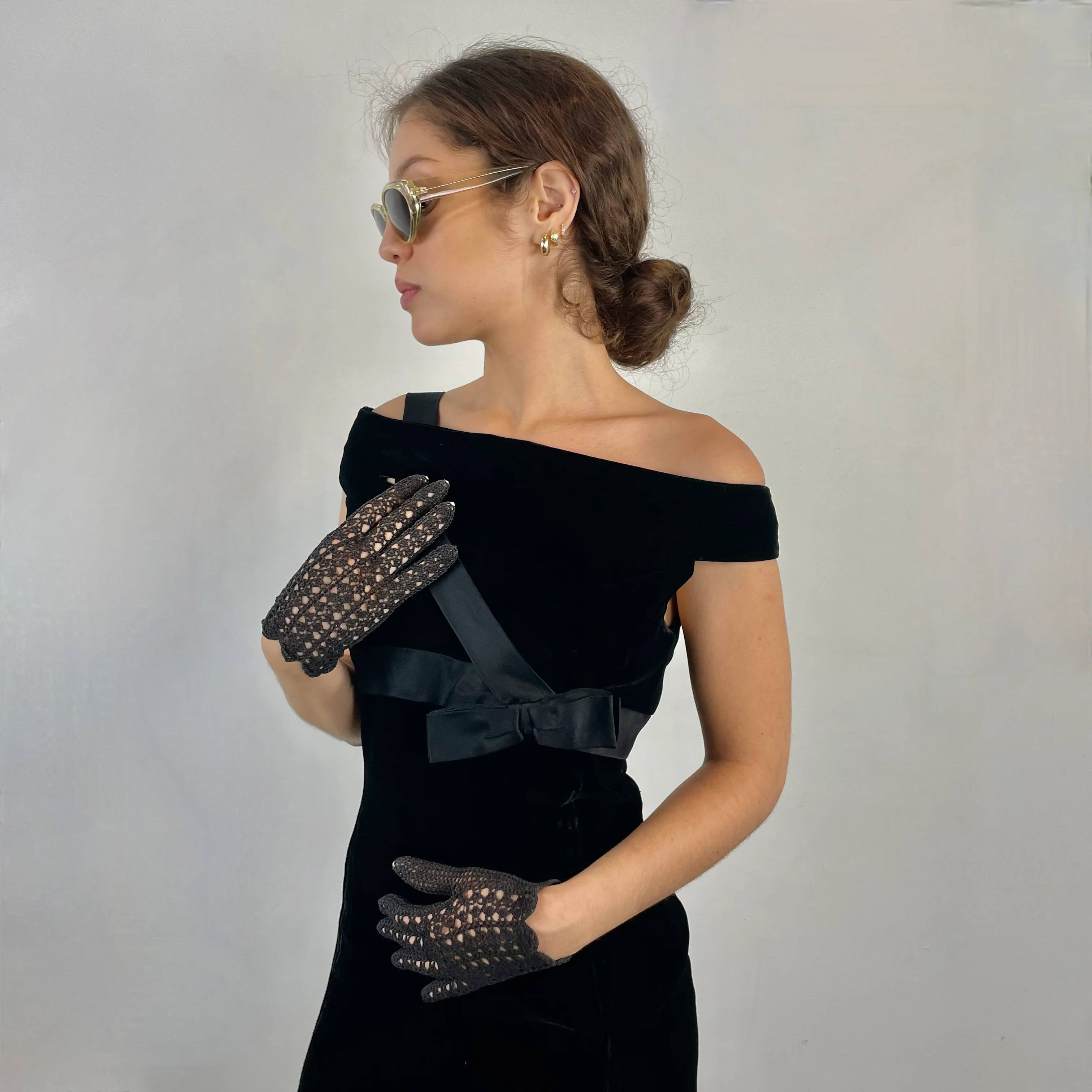 1960s Off the Shoulder Black Velvet Midi Dress Small - Image 3