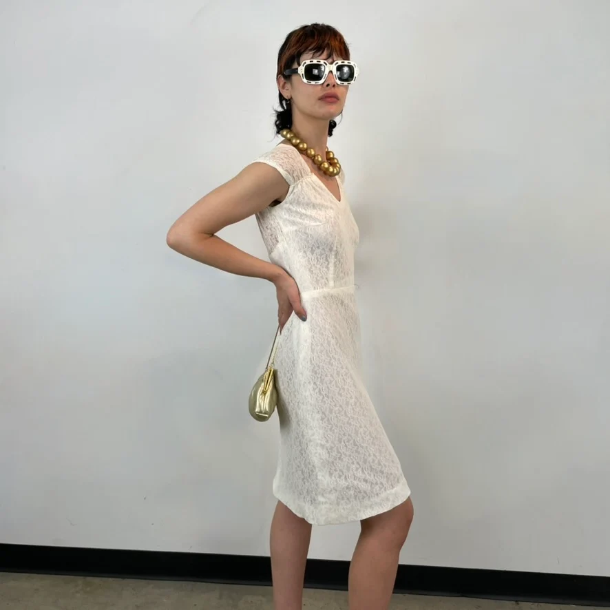 1960s Open Back Ivory Lace Dress Small - Image 3