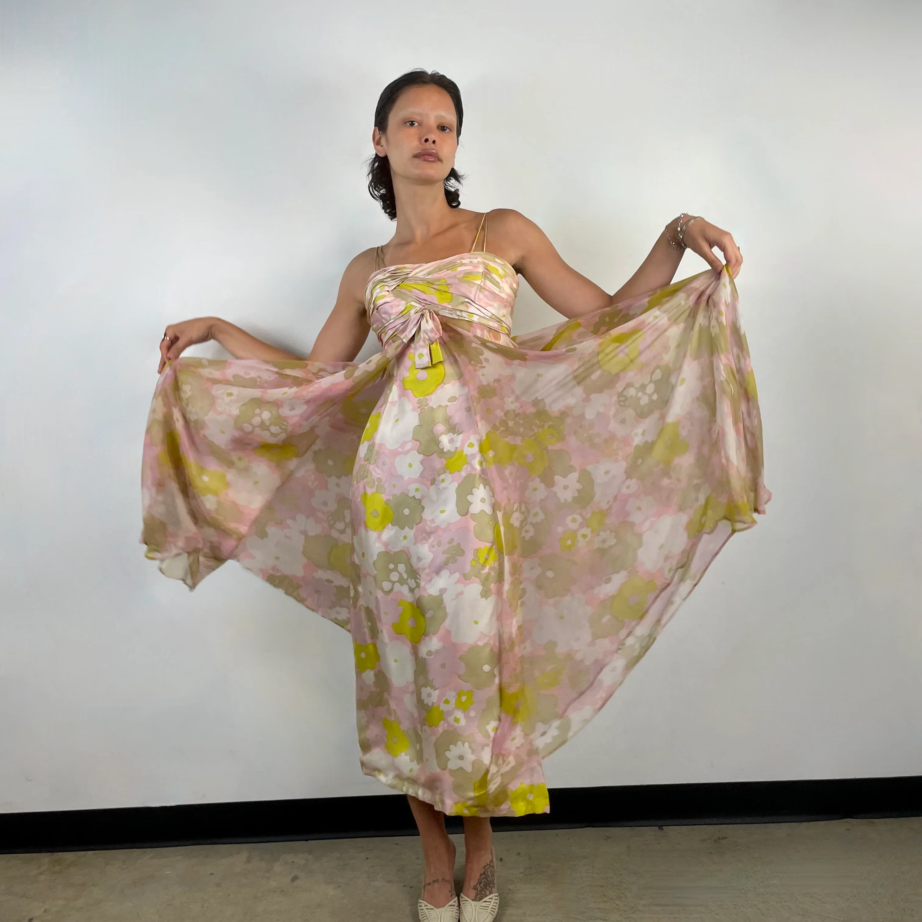 1960s Pastel Colour Silk Chiffon Midi Dress Small - Image 2