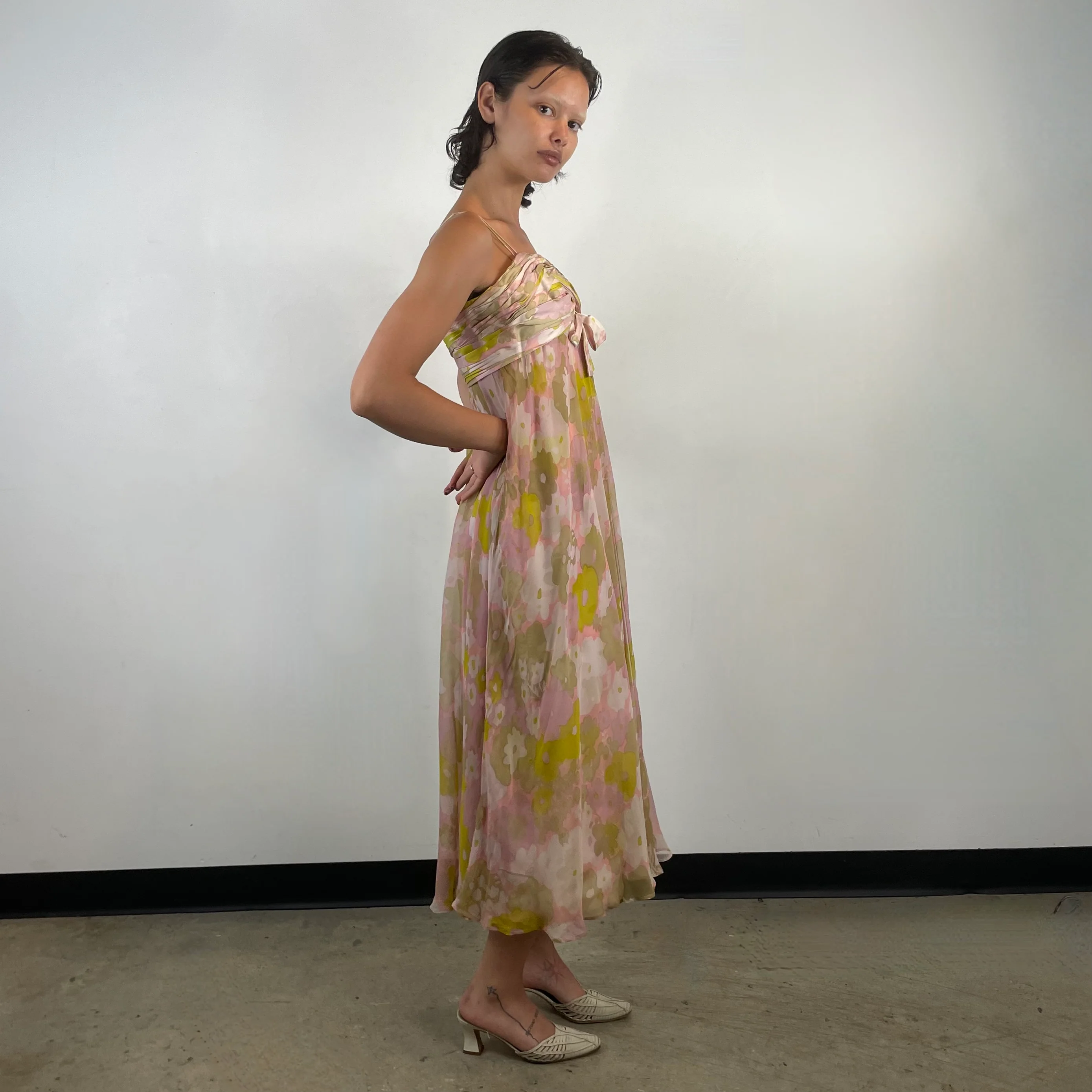 1960s Pastel Colour Silk Chiffon Midi Dress Small - Image 4