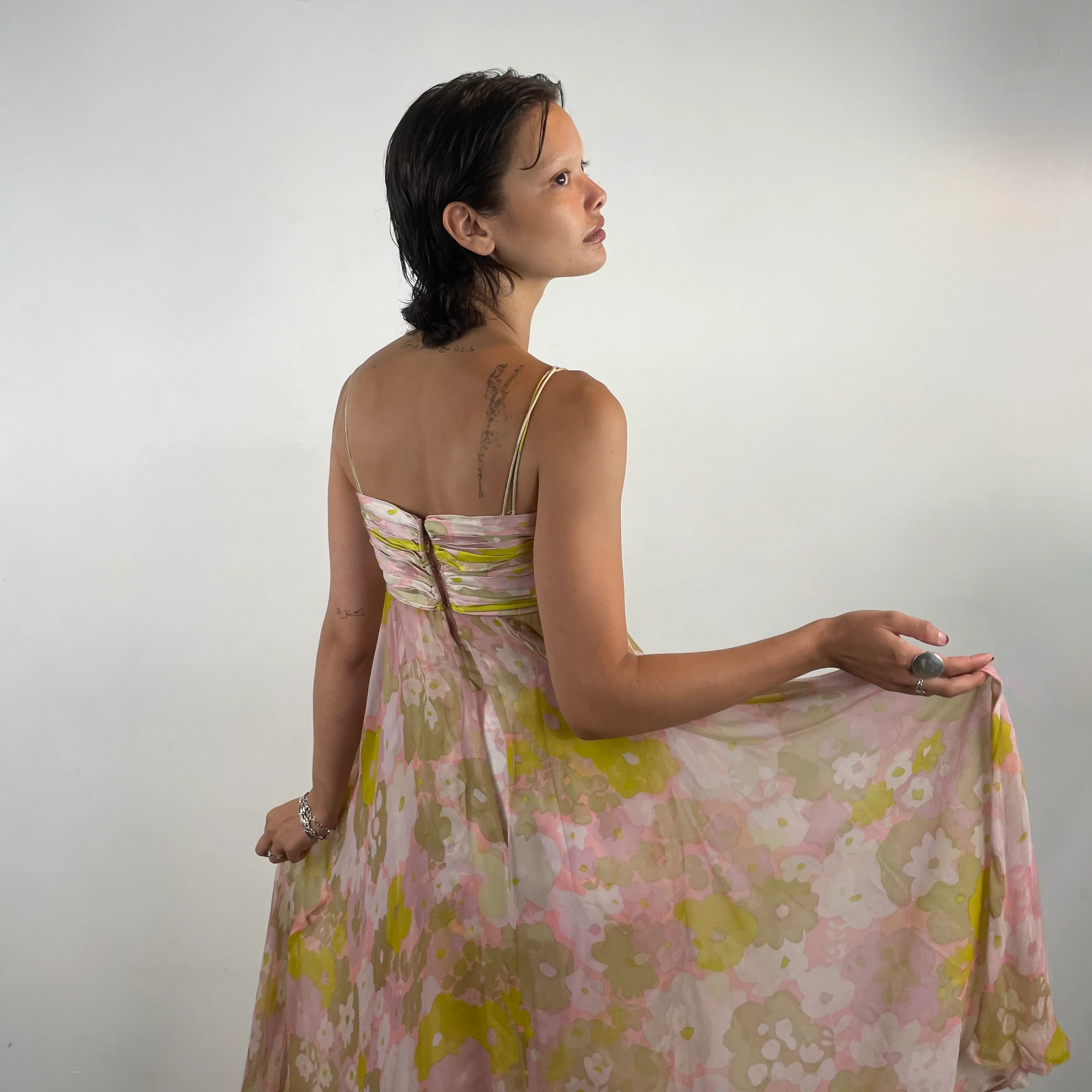 1960s Pastel Colour Silk Chiffon Midi Dress Small - Image 5