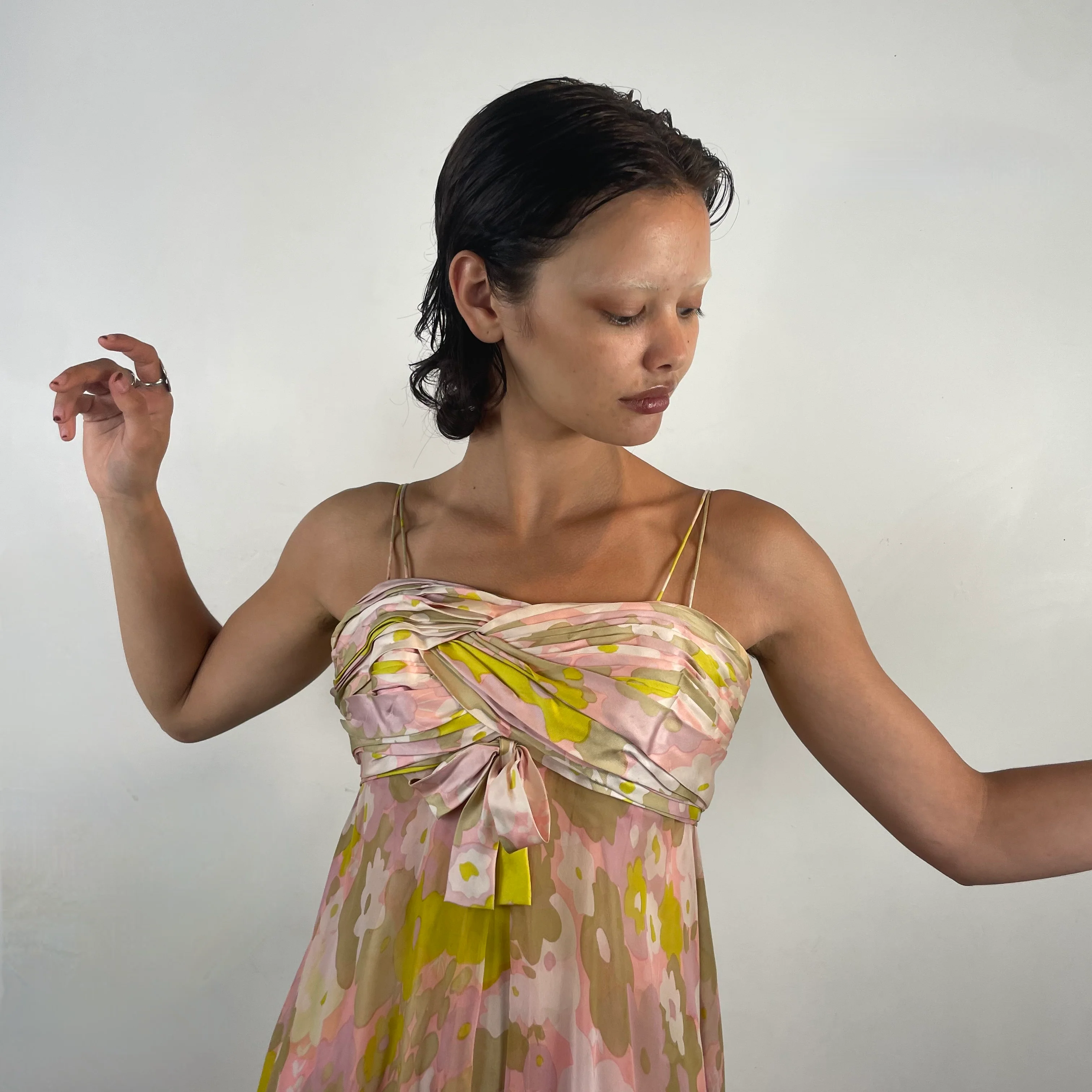 1960s Pastel Colour Silk Chiffon Midi Dress Small - Image 7