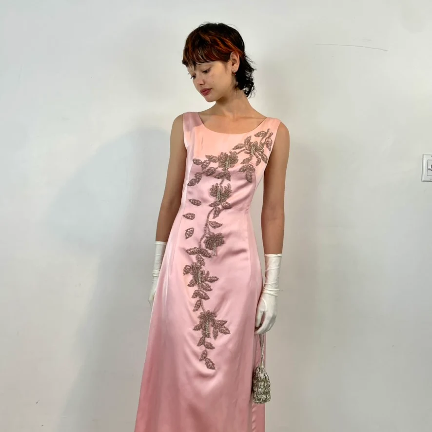 1960s Pink Satin Gown with Beading Small