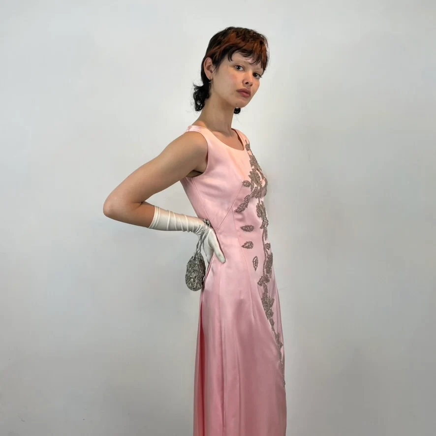 1960s Pink Satin Gown with Beading Small - Image 5