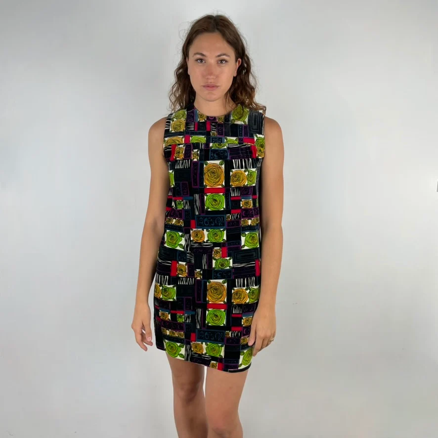 1960s Rose Motifs Velvet Shift Dress Small/Medium - Image 3