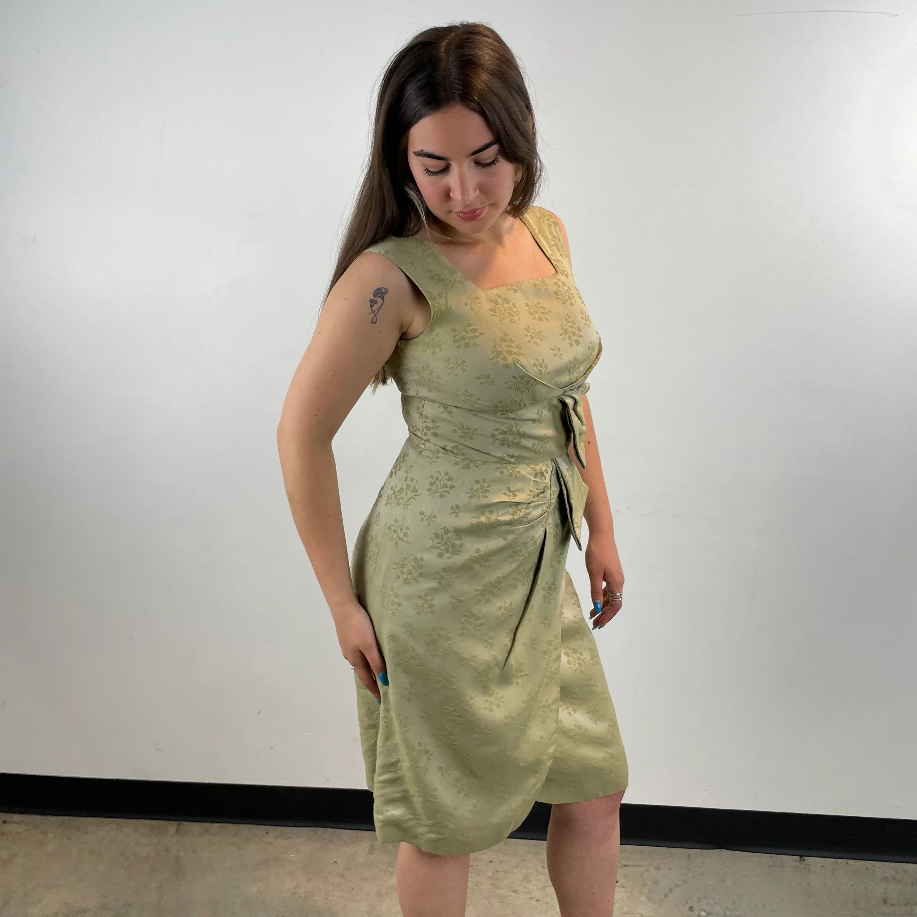 1960s Sage Green Brocade Dress and Bolero Set Medium/Small - Image 4