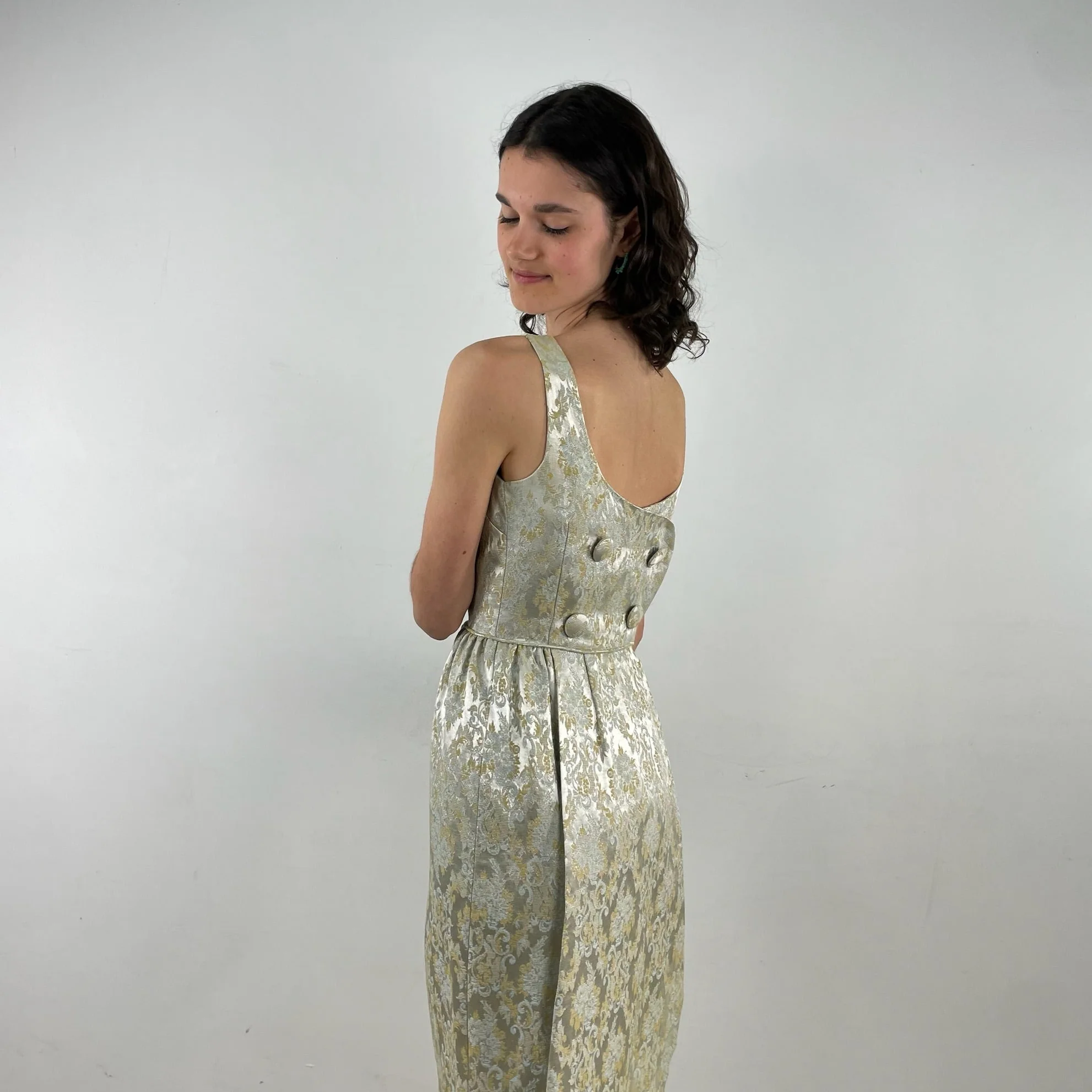 1960s Satin Brocade Sleeveless Gown Small - Image 2