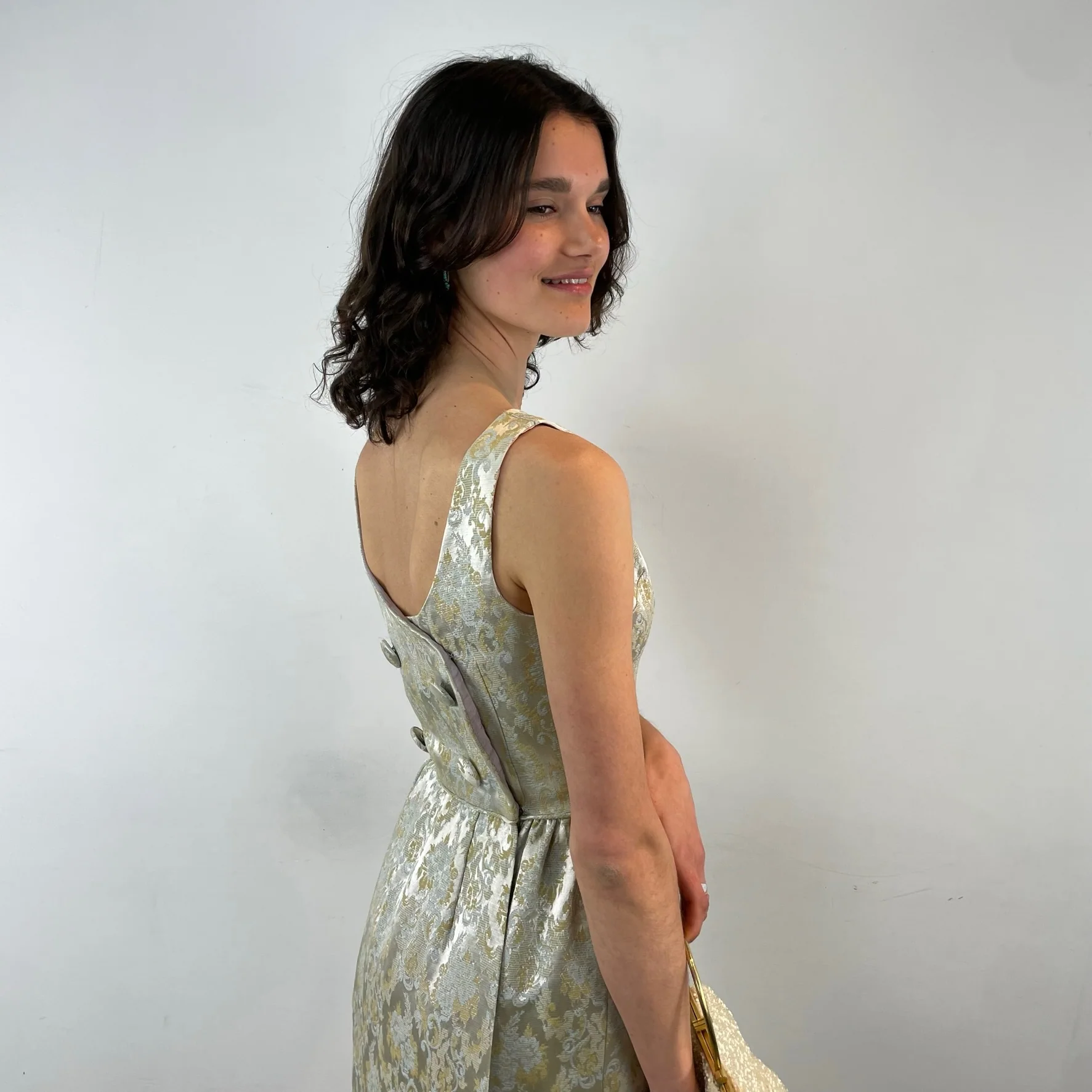 1960s Satin Brocade Sleeveless Gown Small - Image 3
