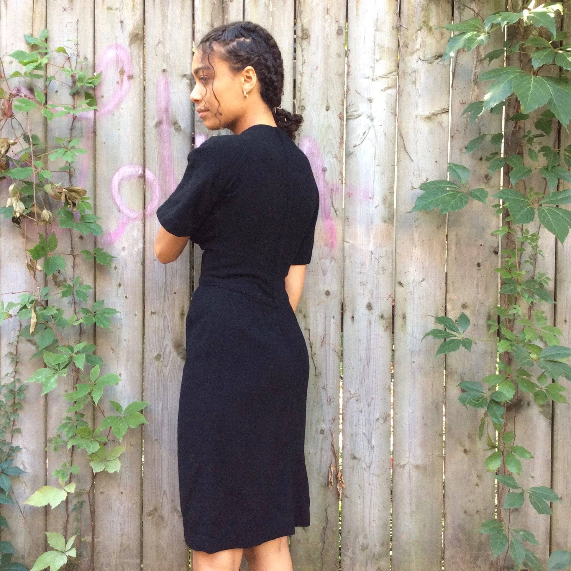 1960s Short Sleeve Black Wool Dress Small