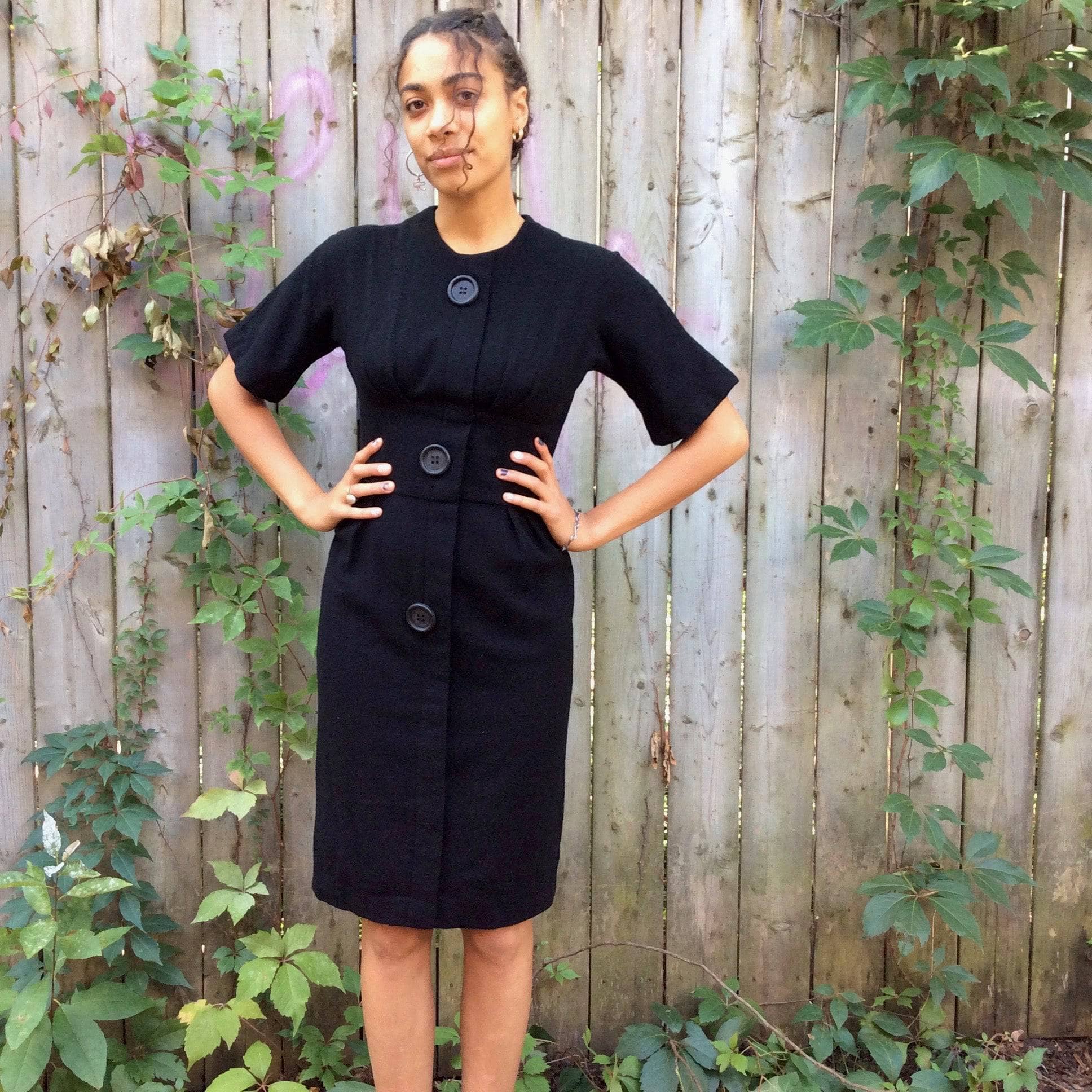 1960s Short Sleeve Black Wool Dress Small - Image 2