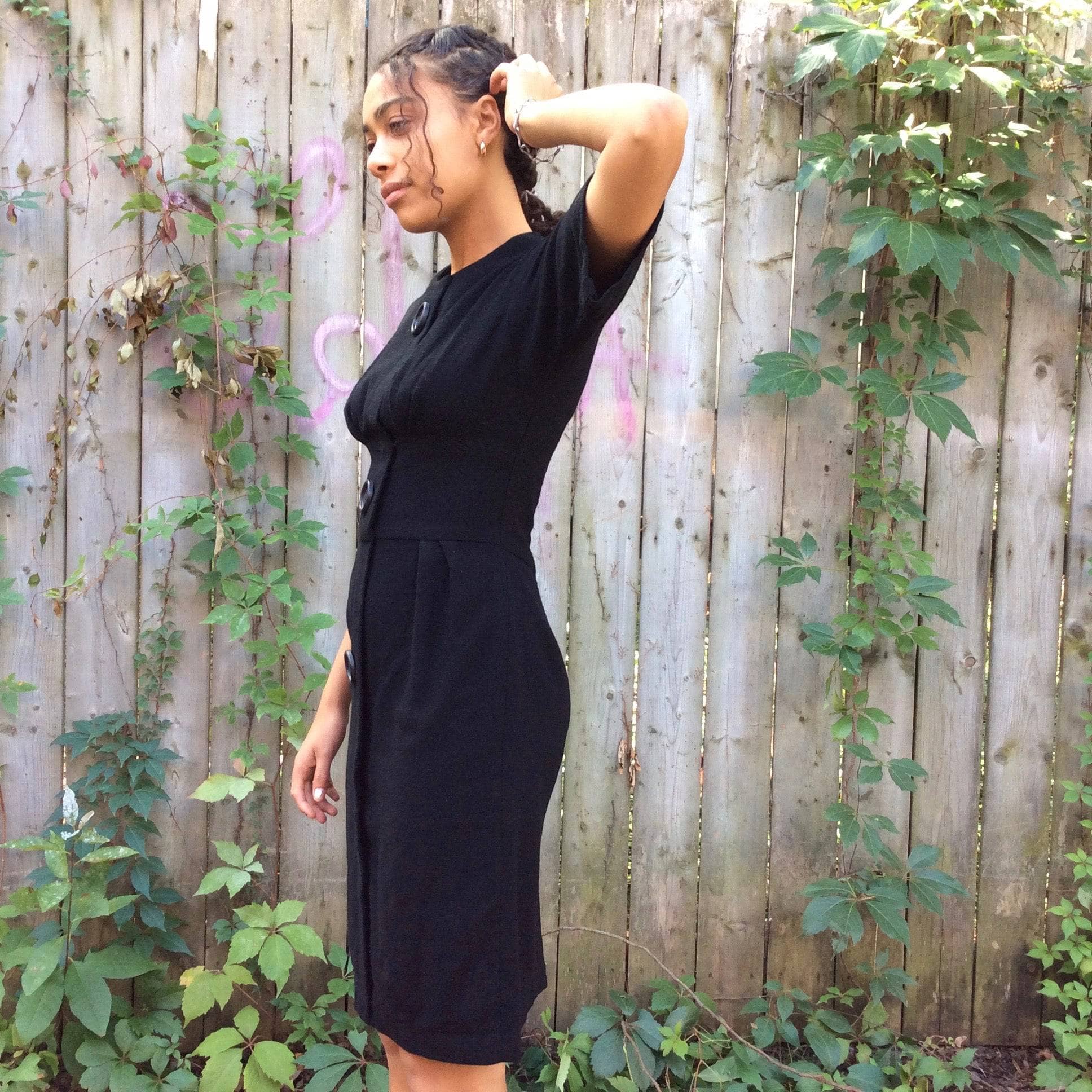 1960s Short Sleeve Black Wool Dress Small - Image 7