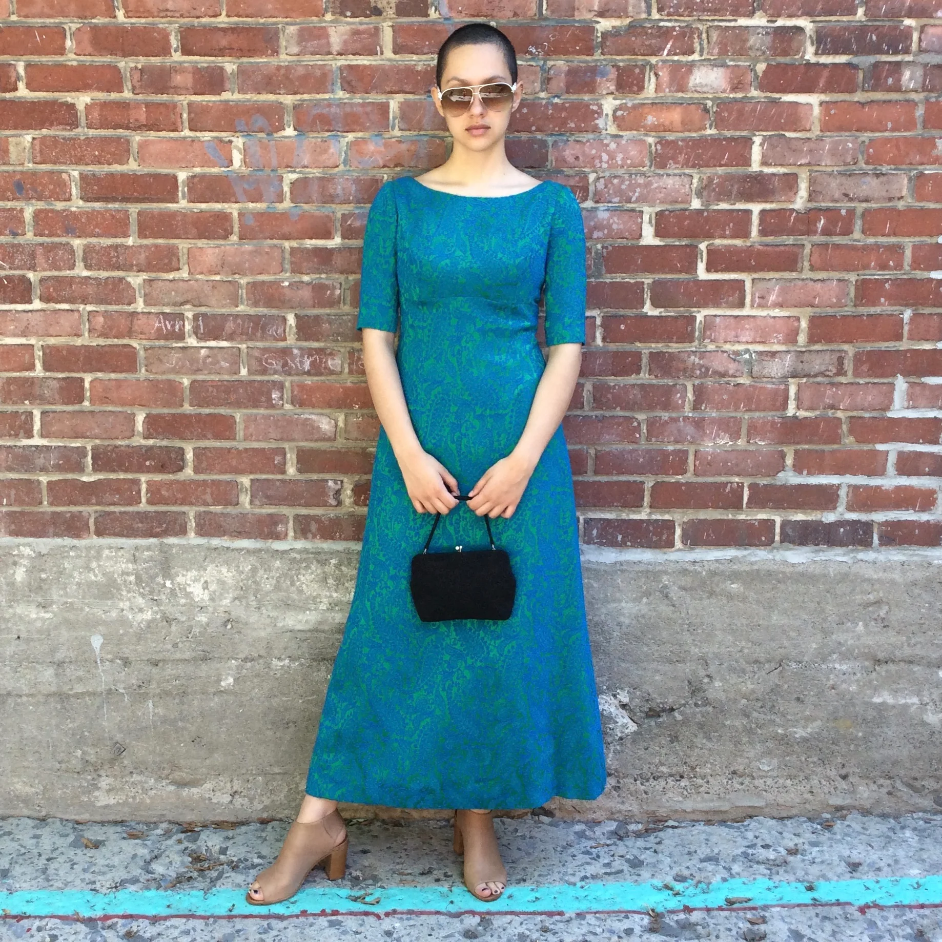 1960s Short Sleeve Teal Brocade Empire Waist Gown Small